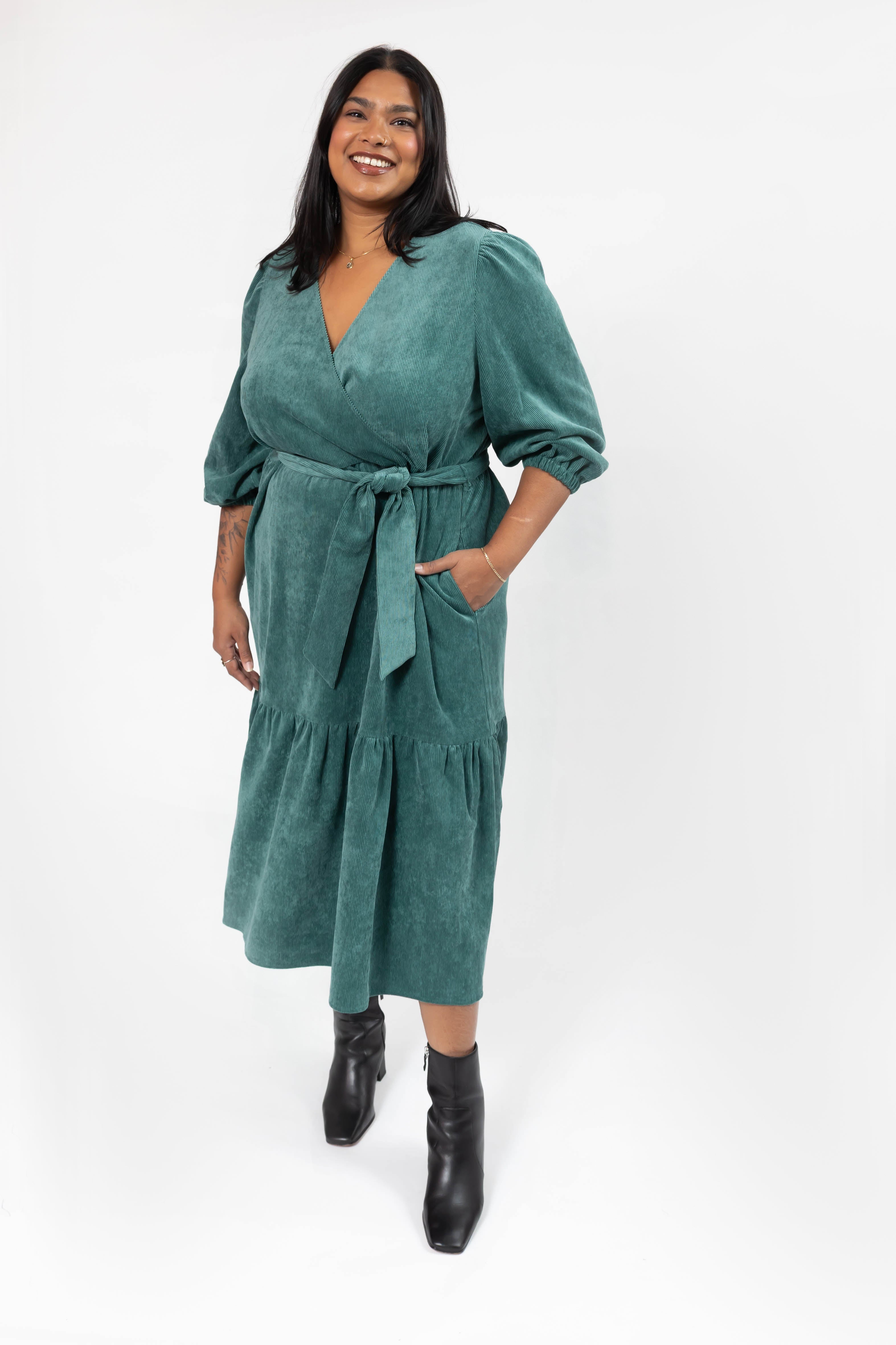 Calista Corduroy Midi Dress in Posy Green, S Calista Corduroy Midi Dress in Posy Green, S
