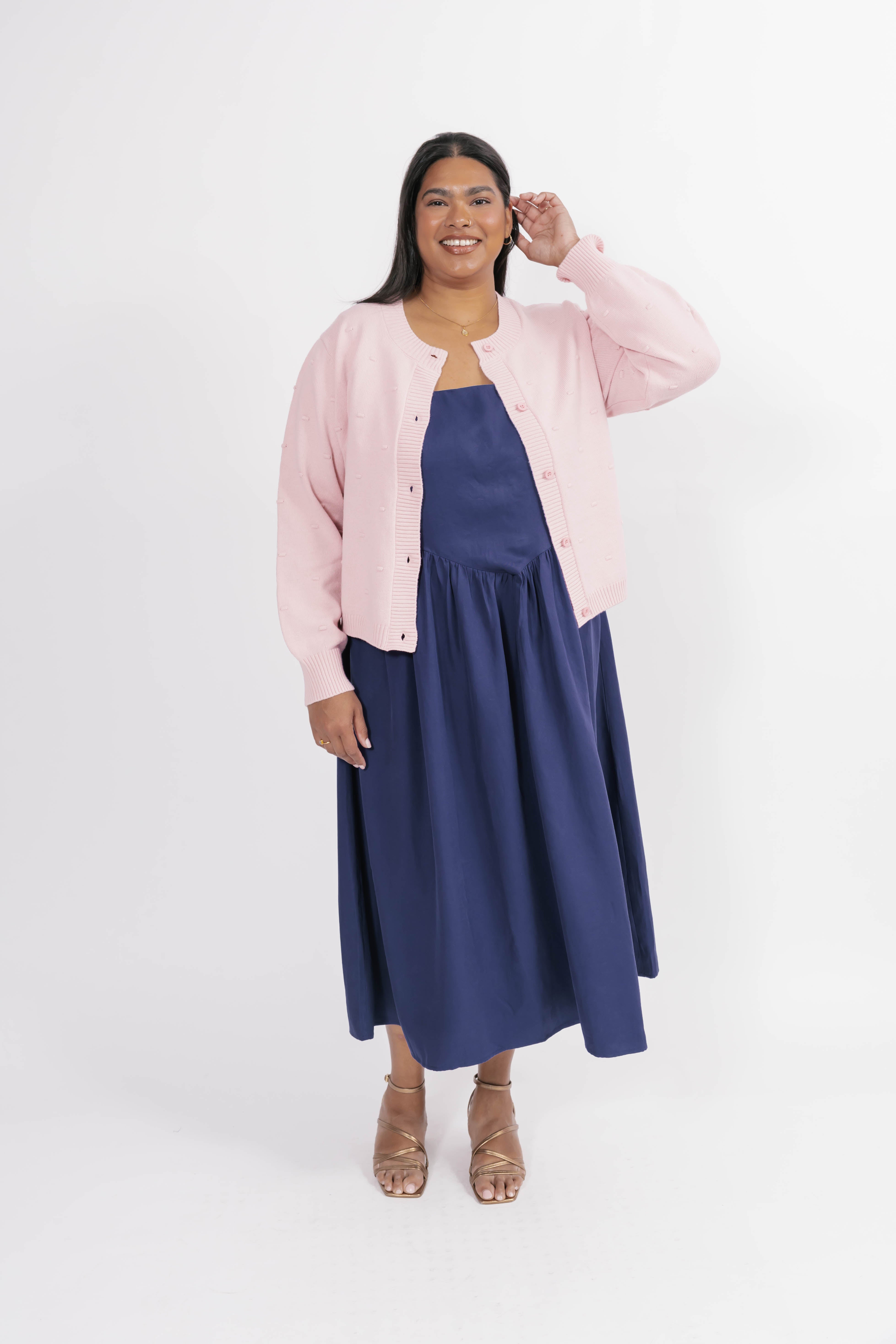 blue dress with pink cardigan Navy Dot Cardigan In Dusty Pink – Smash Tess dress and cardigan outfit