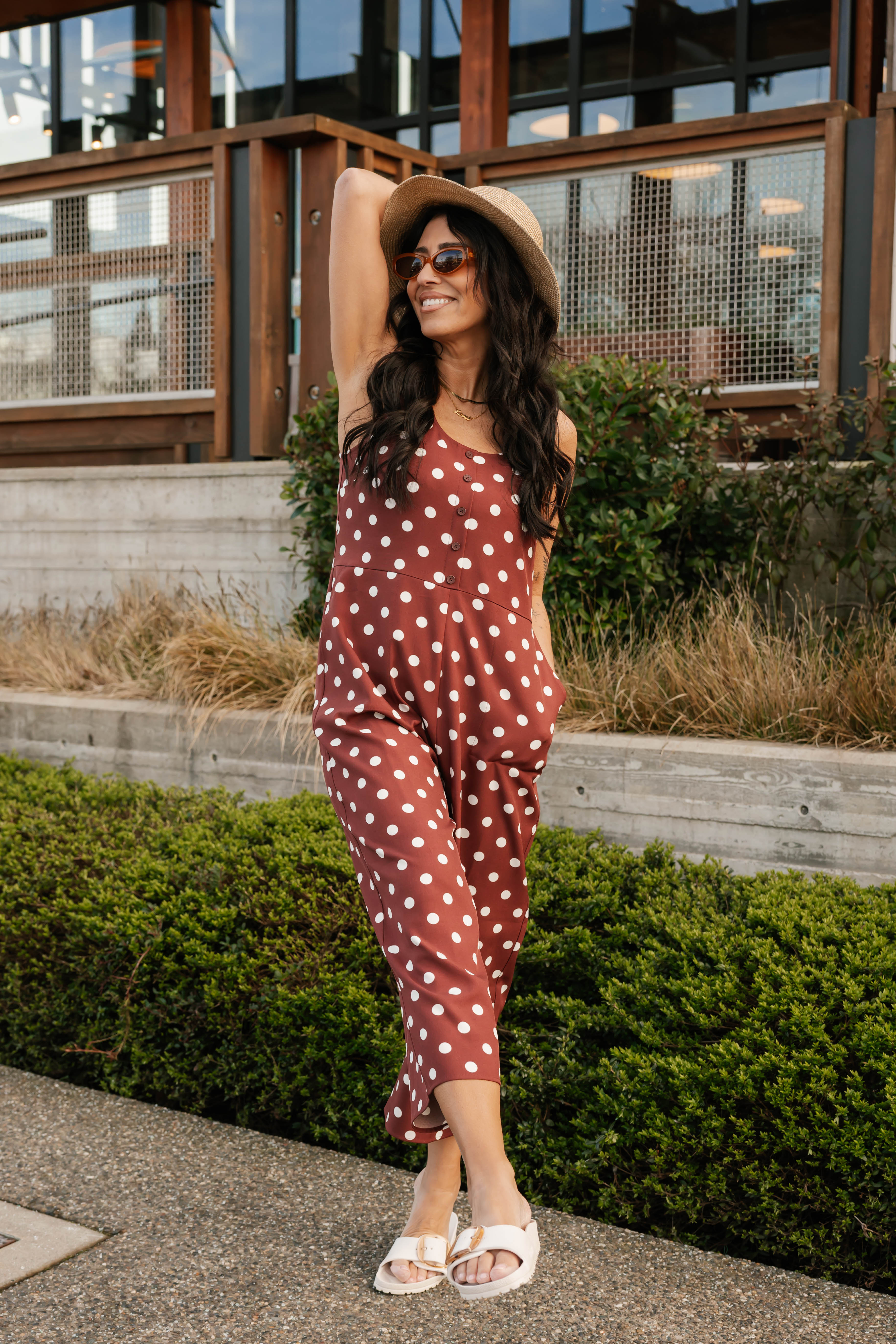 Lucy Polka Dot Cropped Romper in Warm Brown – Smash + Tess