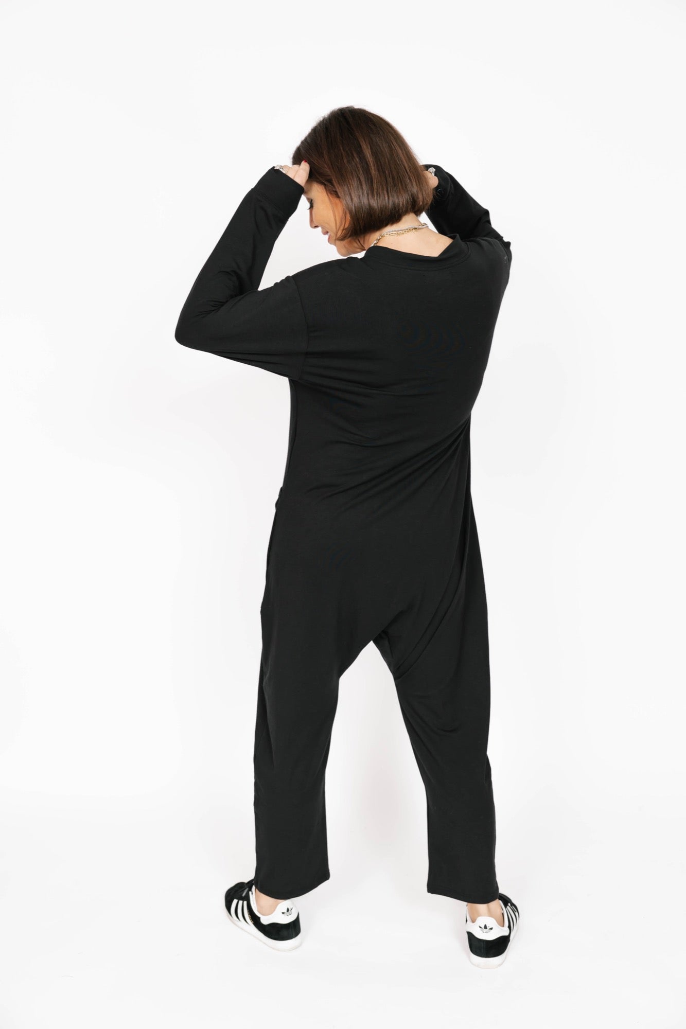 Abigael Long Sleeve Romper in Midnight Black