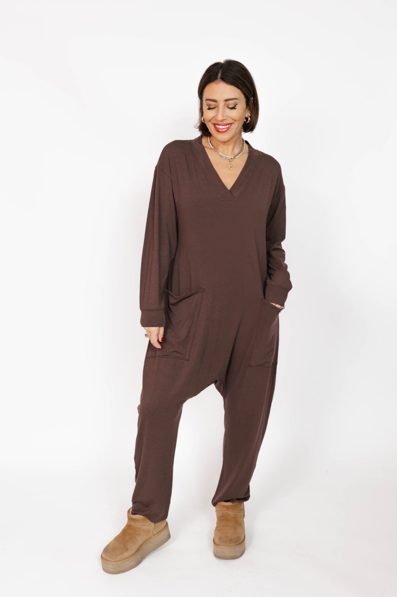 Abigael Long Sleeve Romper in Dark Coffee