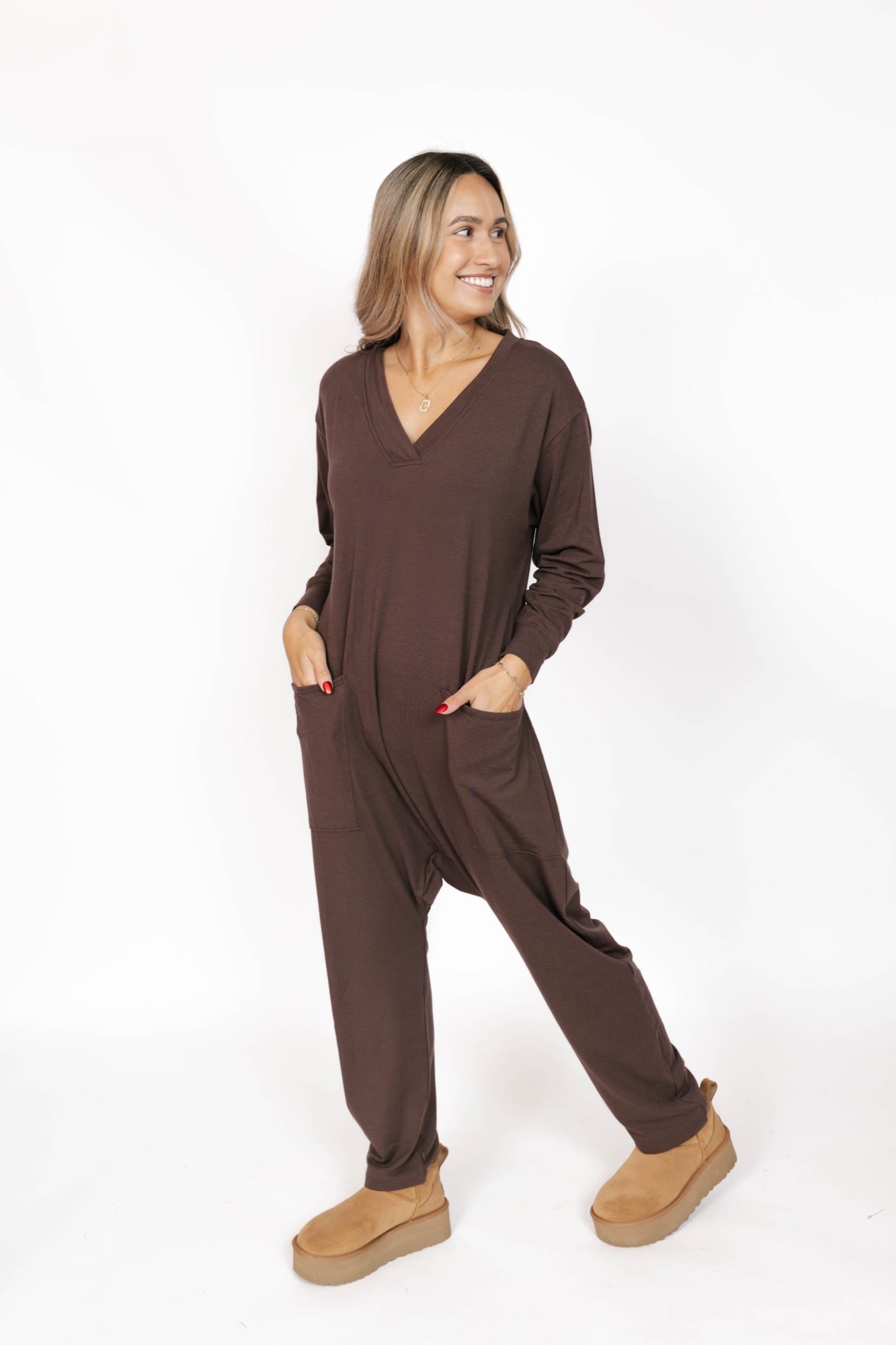 Abigael Long Sleeve Romper in Dark Coffee