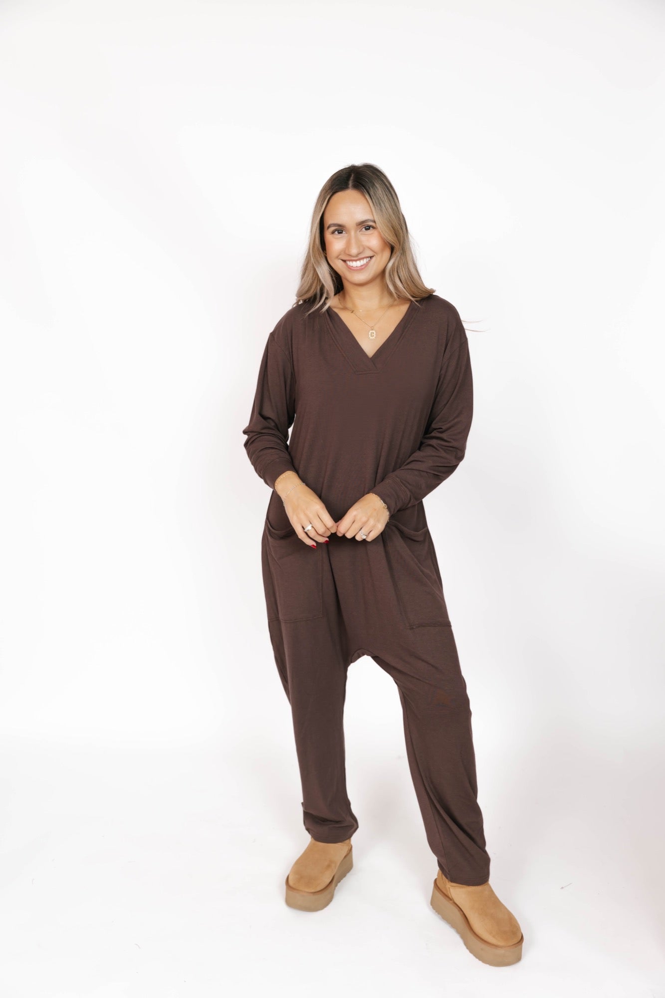 Abigael Long Sleeve Romper in Dark Coffee