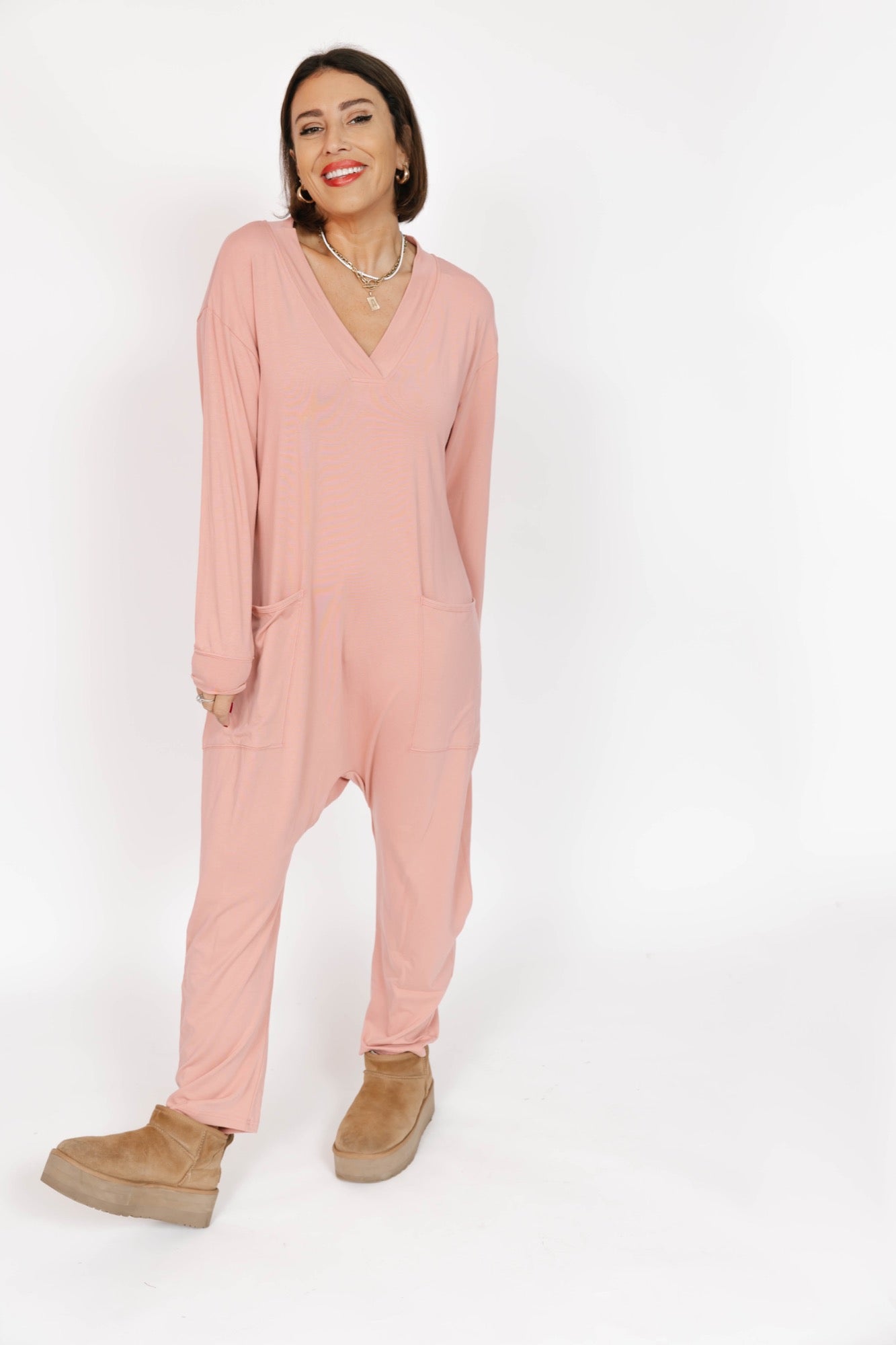 Abigael Long Sleeve Romper in French Rose