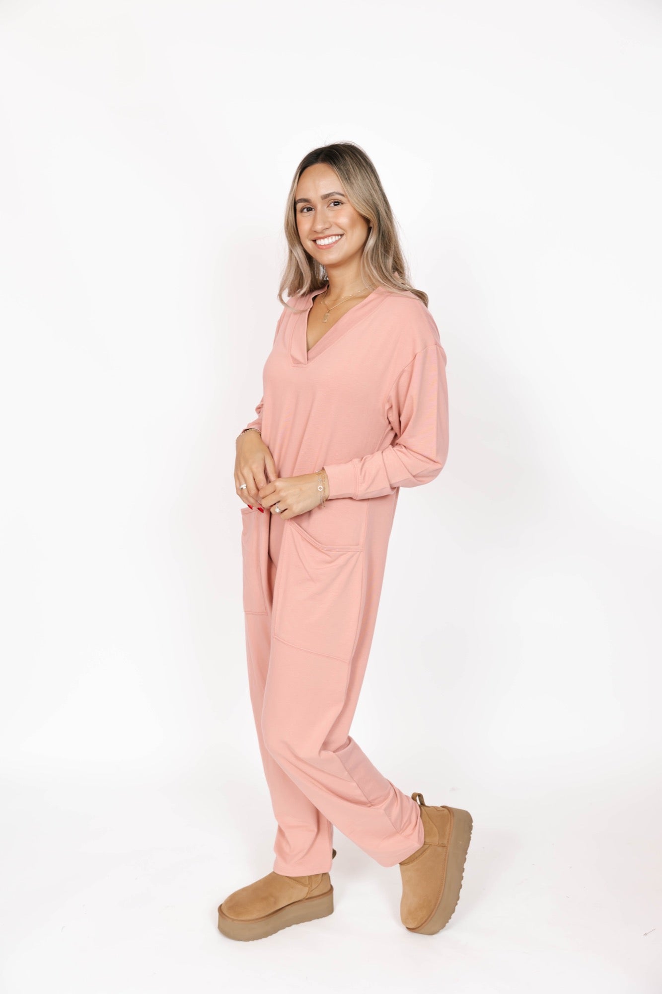 Abigael Long Sleeve Romper in French Rose