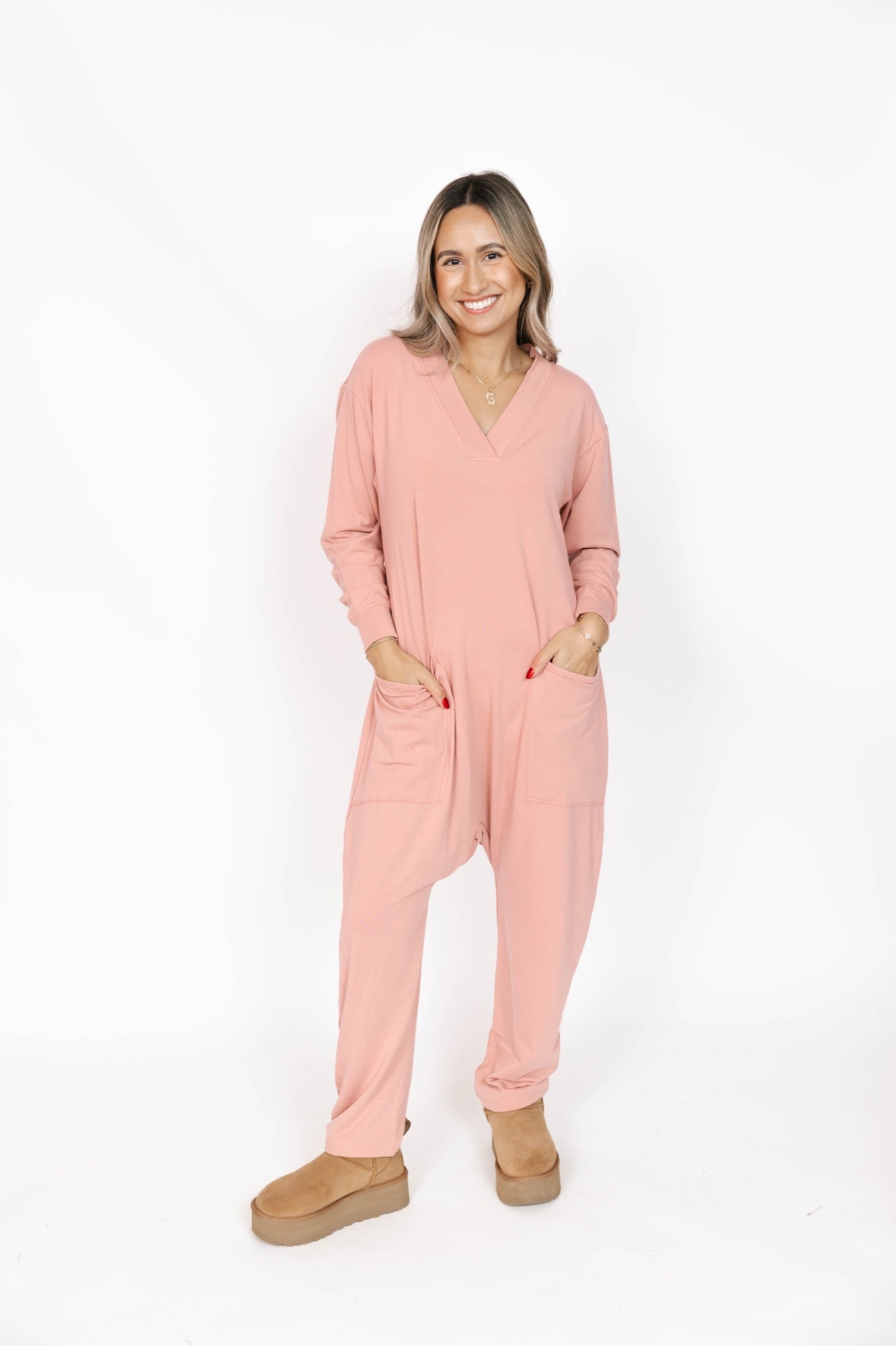 Abigael Long Sleeve Romper in French Rose