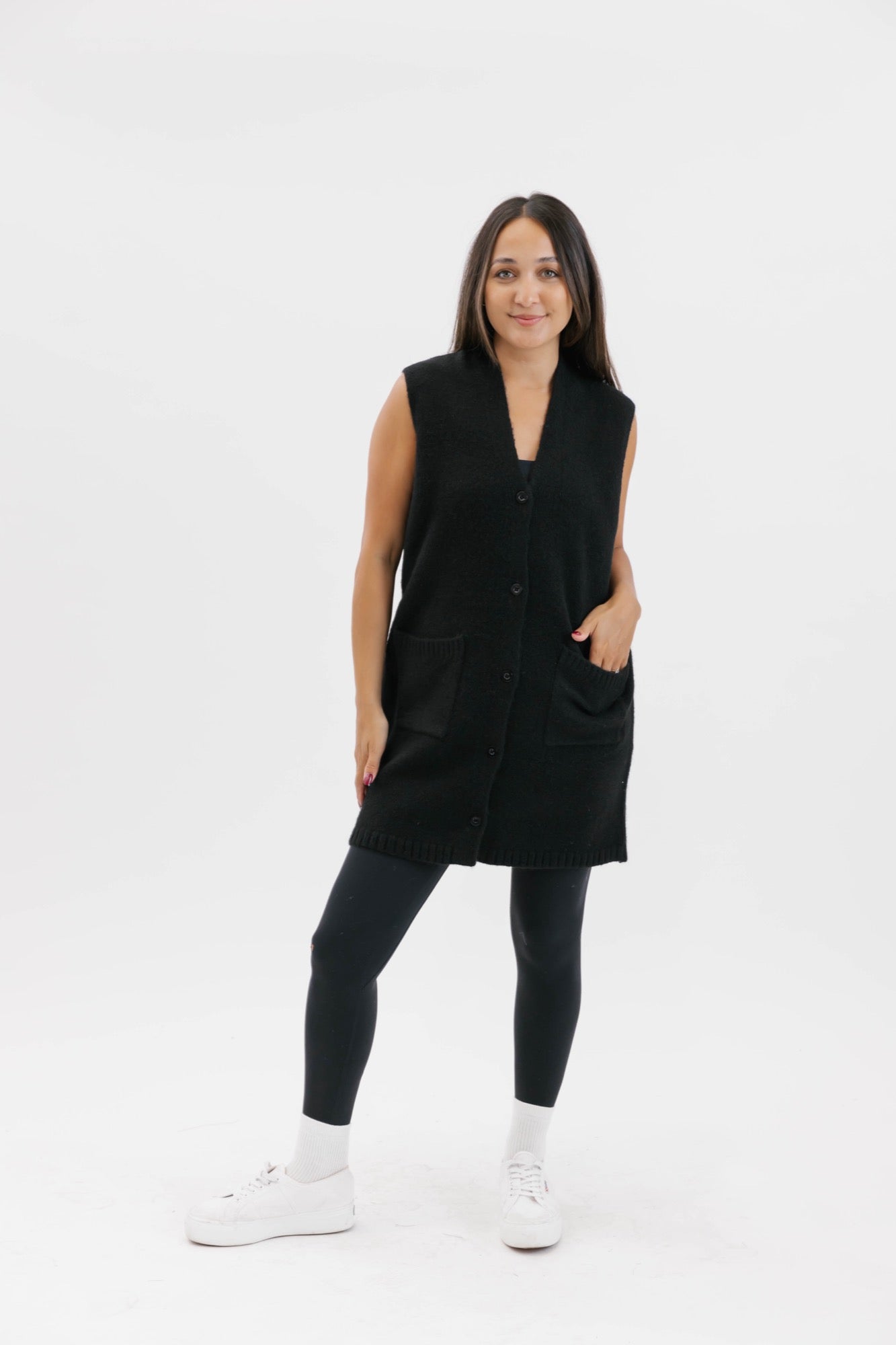 Adeline Sleeveless Cardigan in Midnight Black