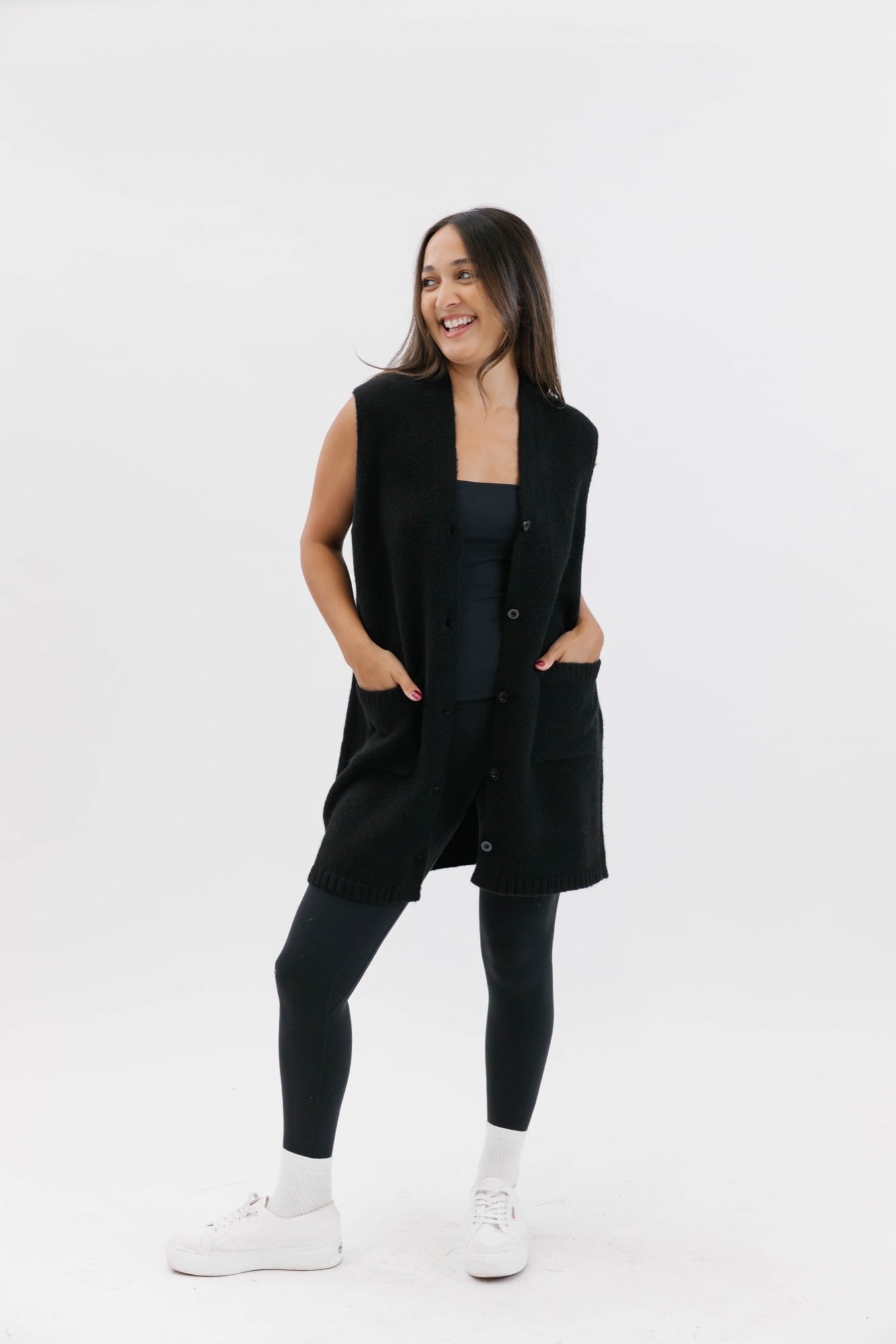 Adeline Sleeveless Cardigan in Midnight Black