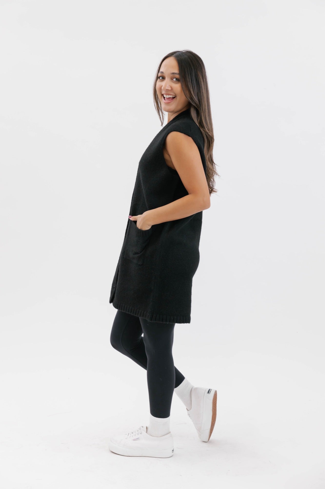 Adeline Sleeveless Cardigan in Midnight Black