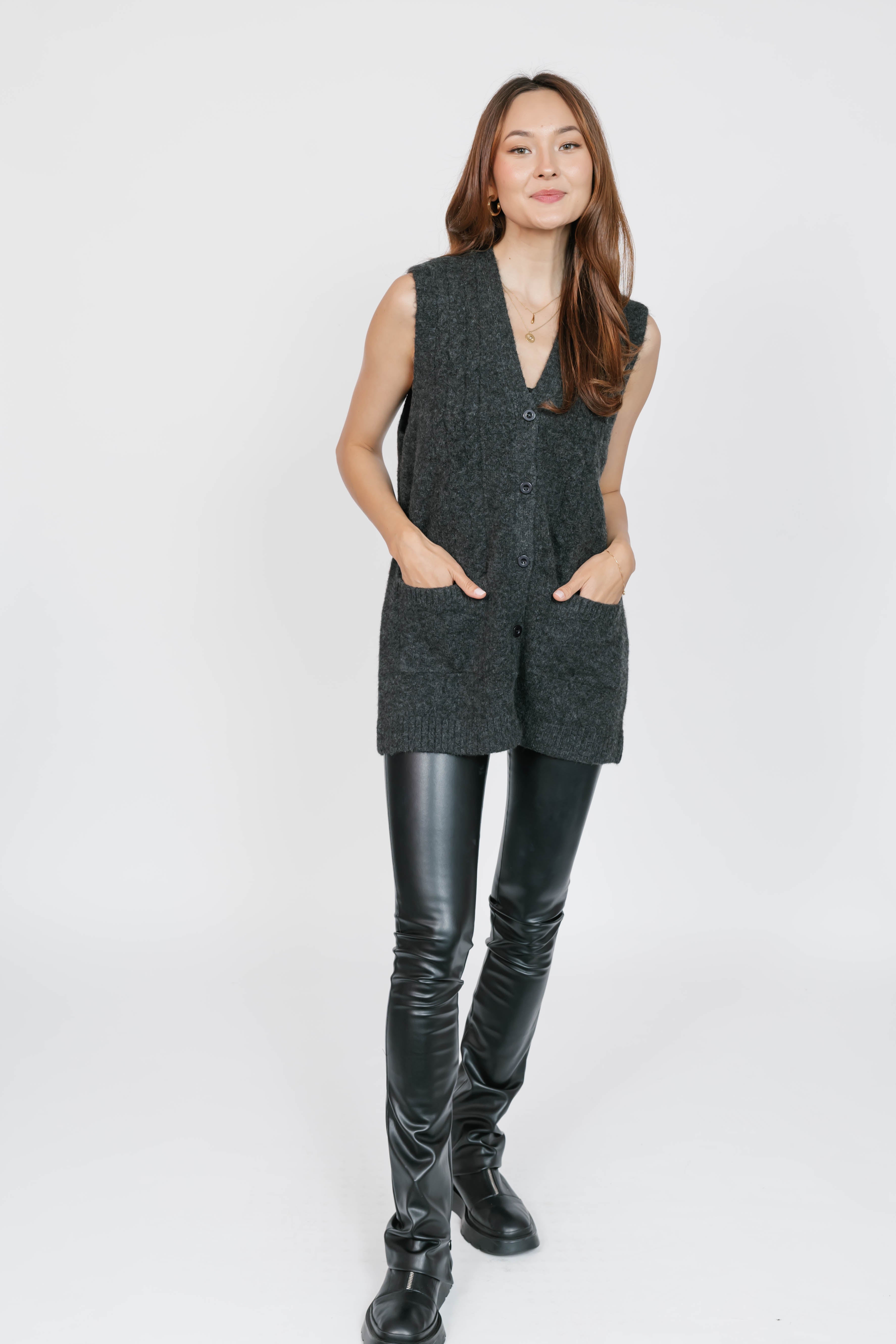 Adeline Cable Vest in Dark Charcoal