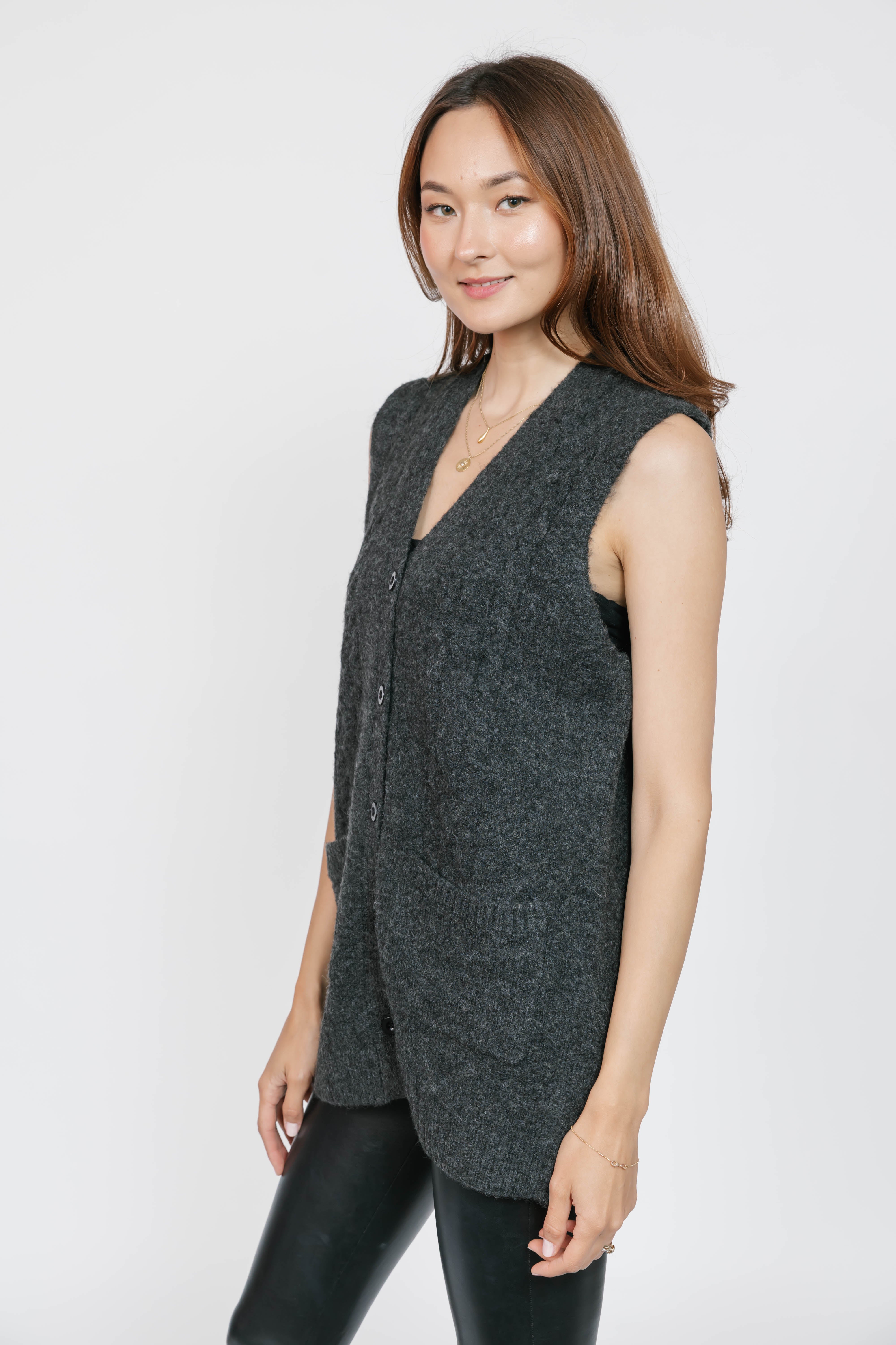 Adeline Cable Vest in Dark Charcoal