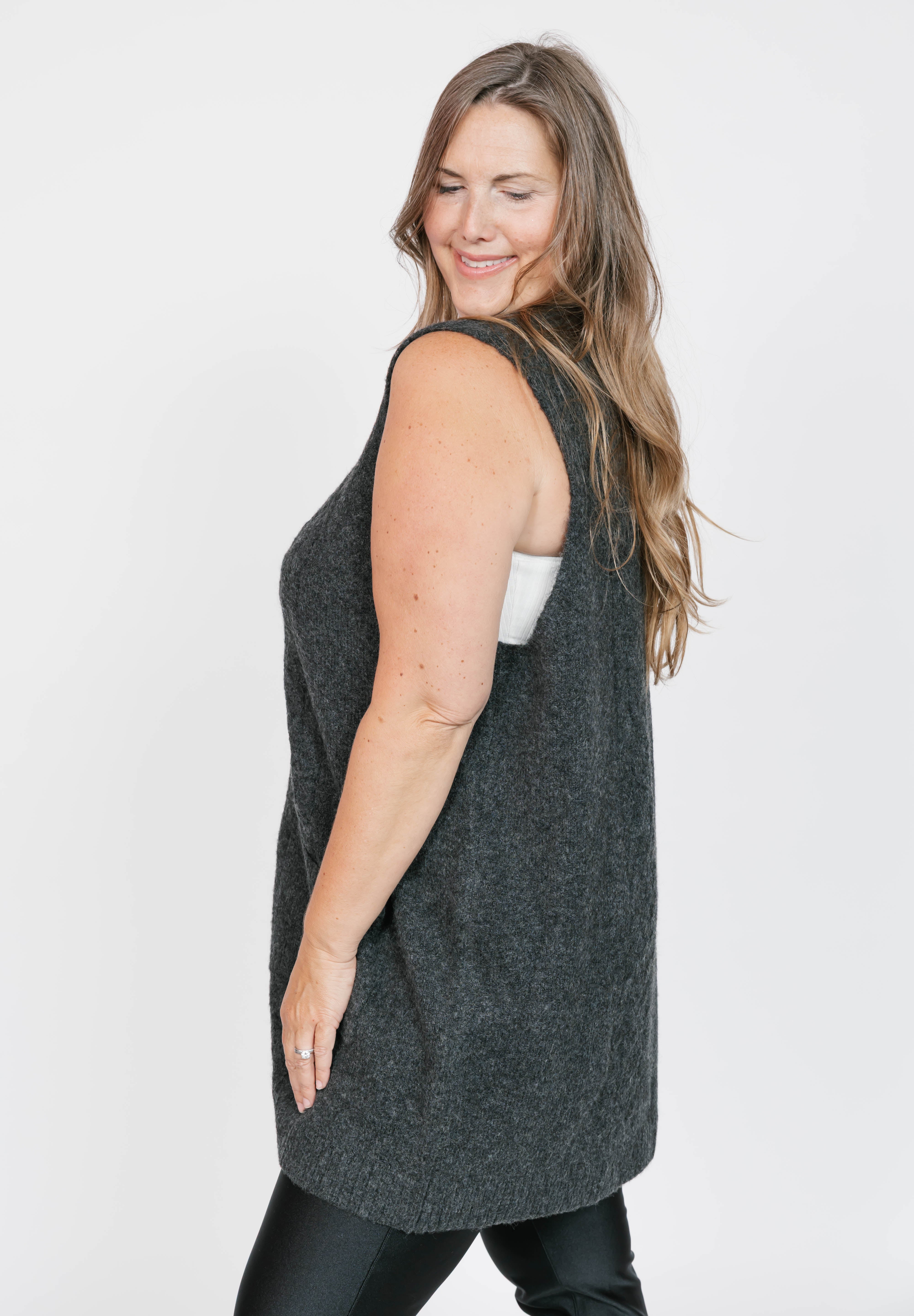 Adeline Cable Vest in Dark Charcoal