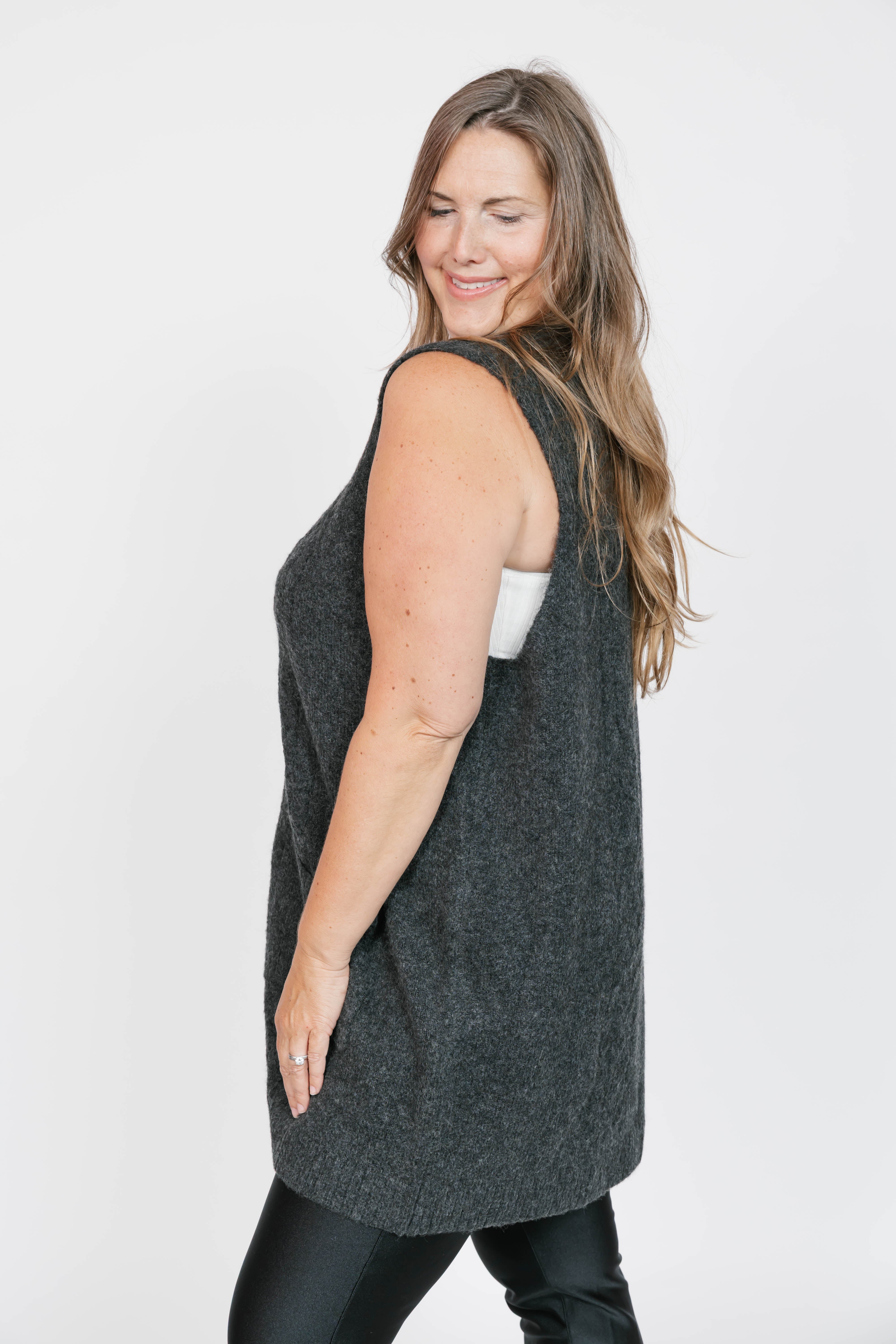 Adeline Cable Vest in Dark Charcoal