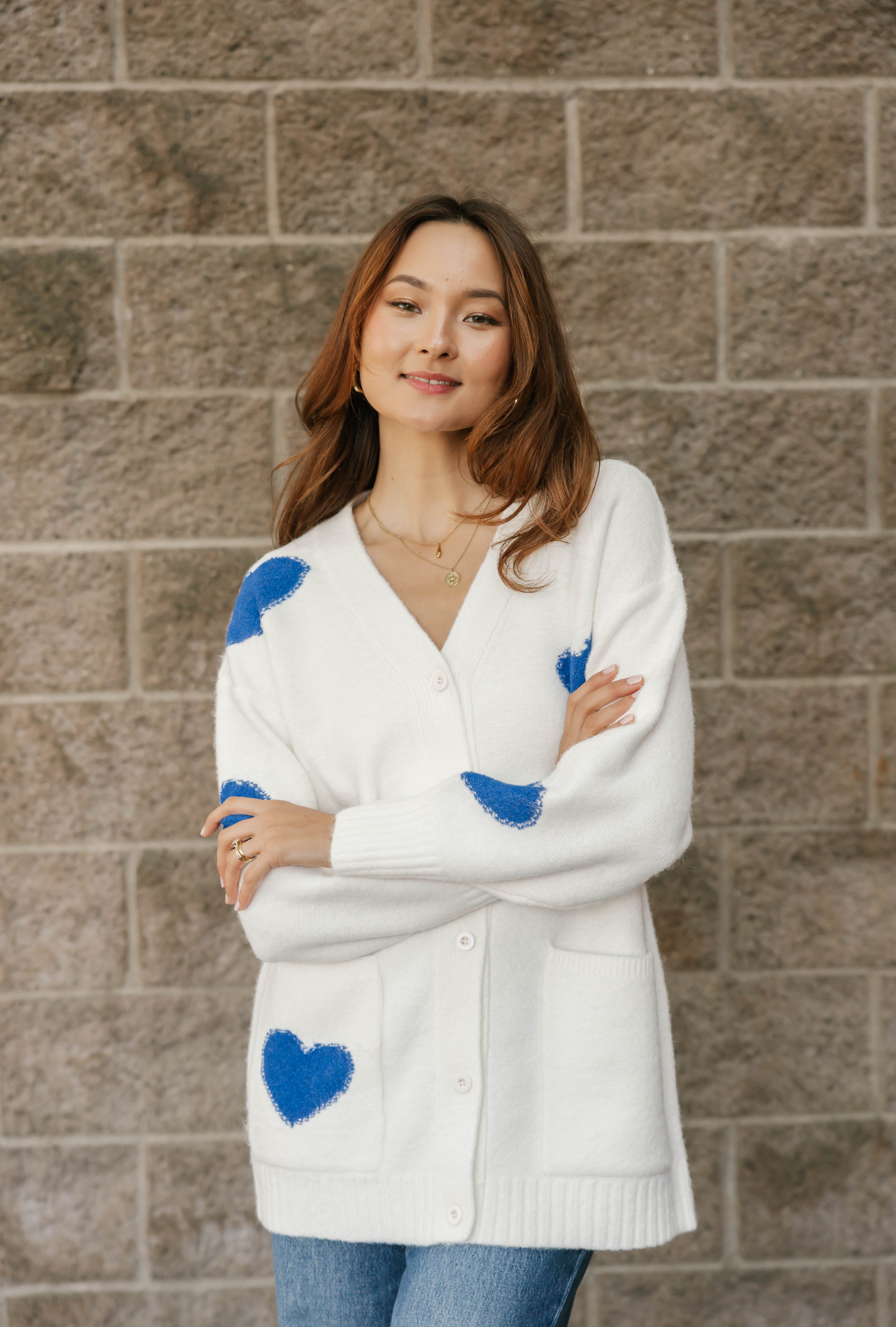 Adora Cardigan in Cream/Blue Combo