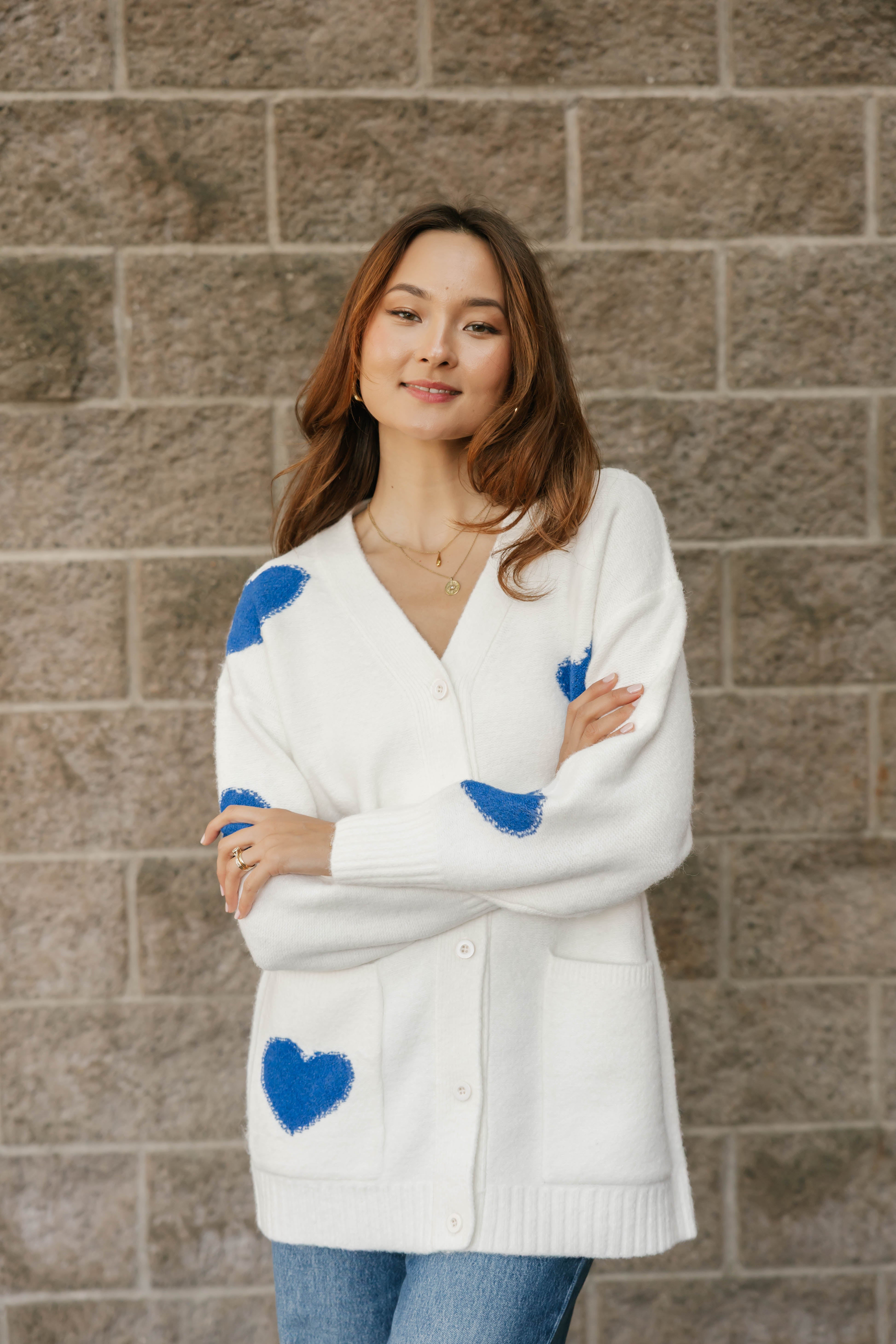 Adora Cardigan in Cream/Blue Combo