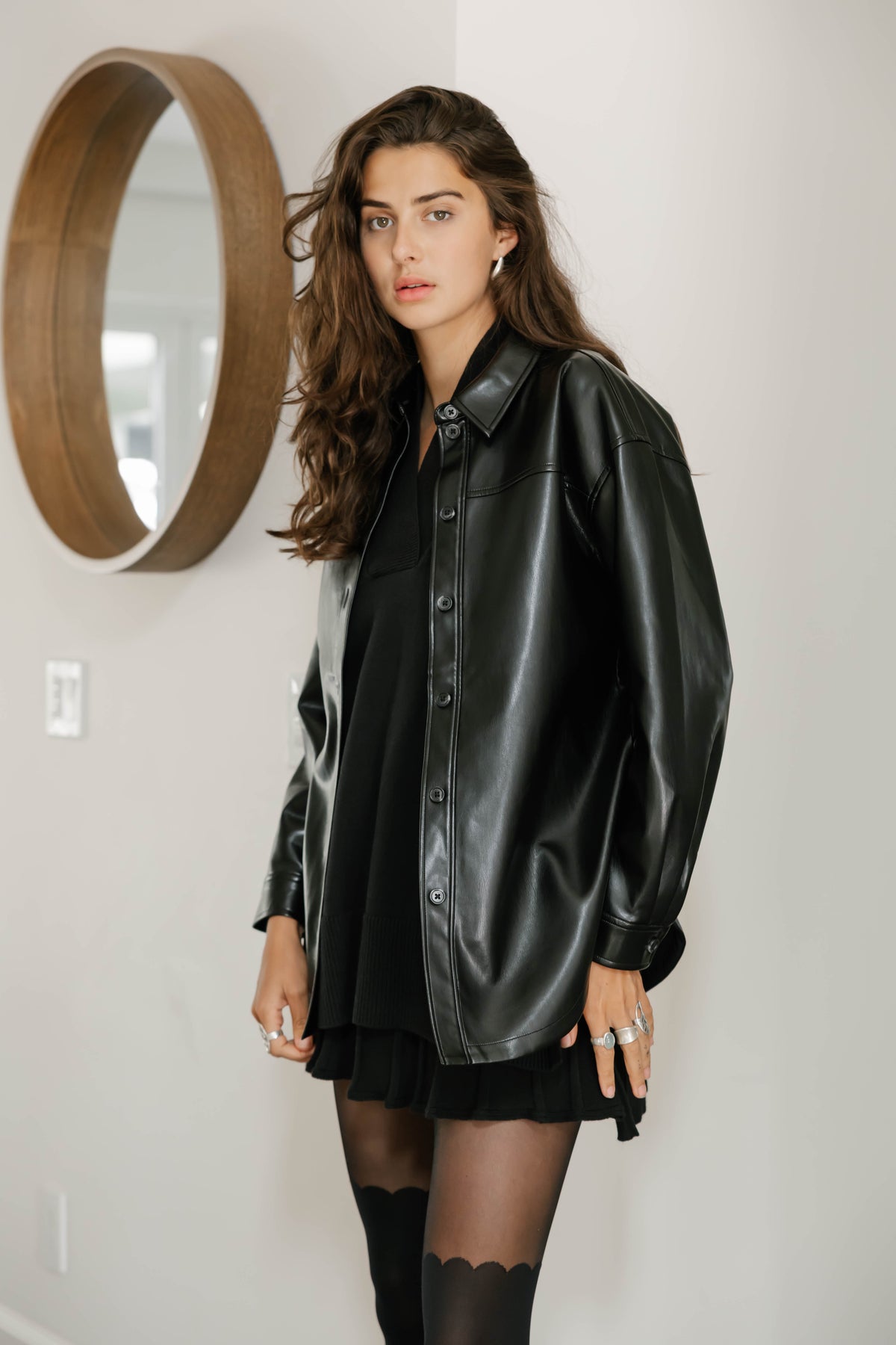 Alicia Faux Leather Shacket in Midnight Black