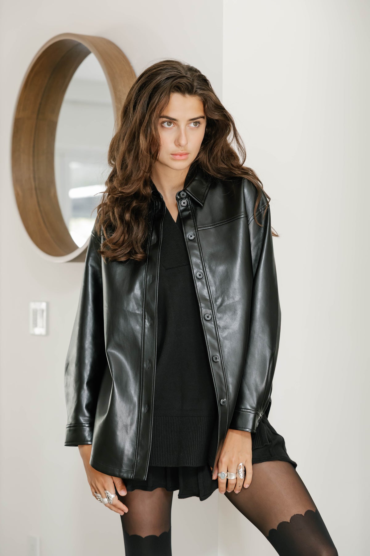 Alicia Faux Leather Shacket in Midnight Black