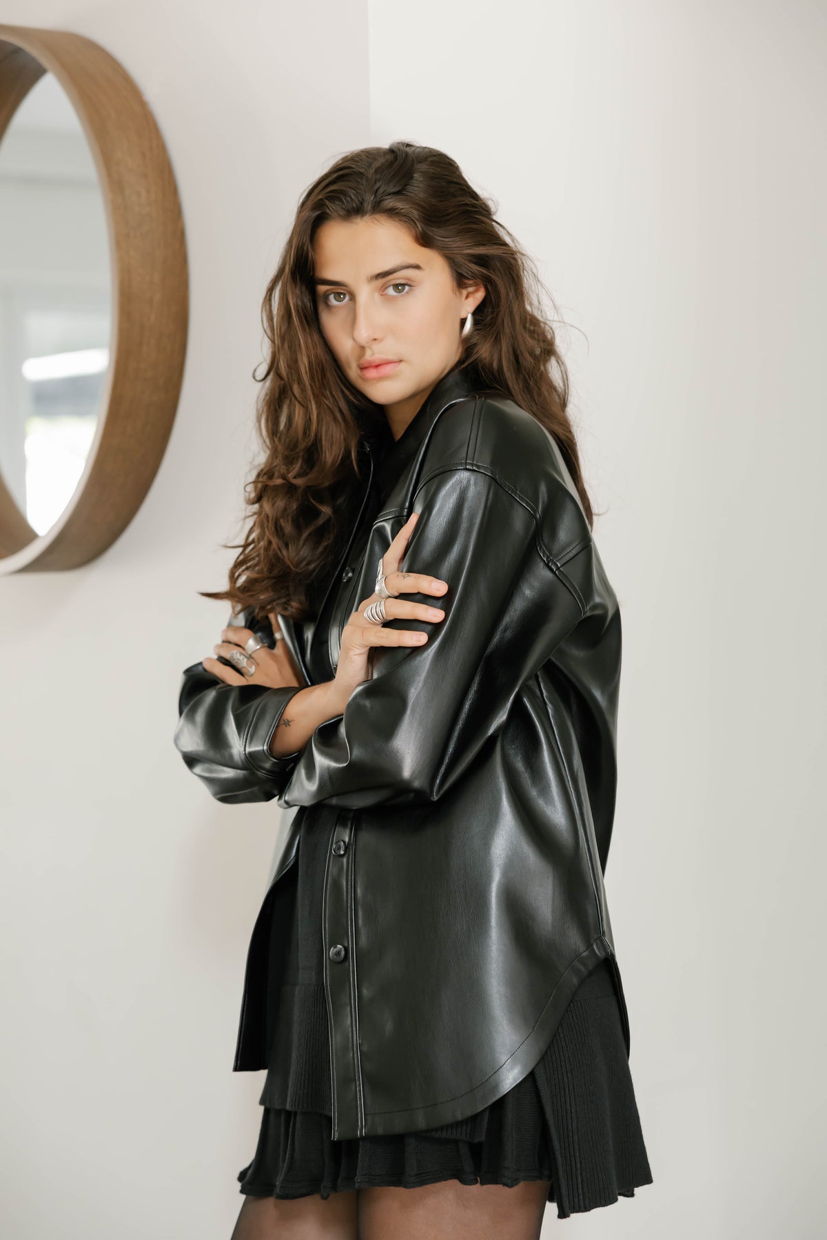 Alicia Faux Leather Shacket in Midnight Black