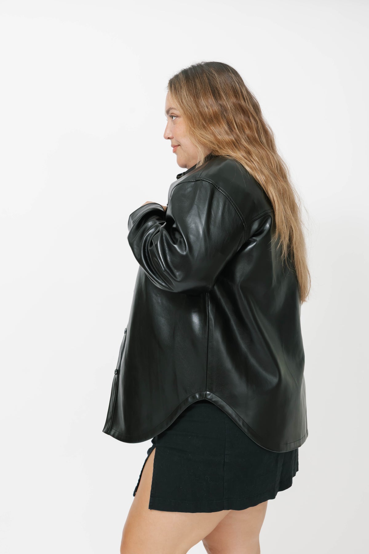 Alicia Faux Leather Shacket in Midnight Black