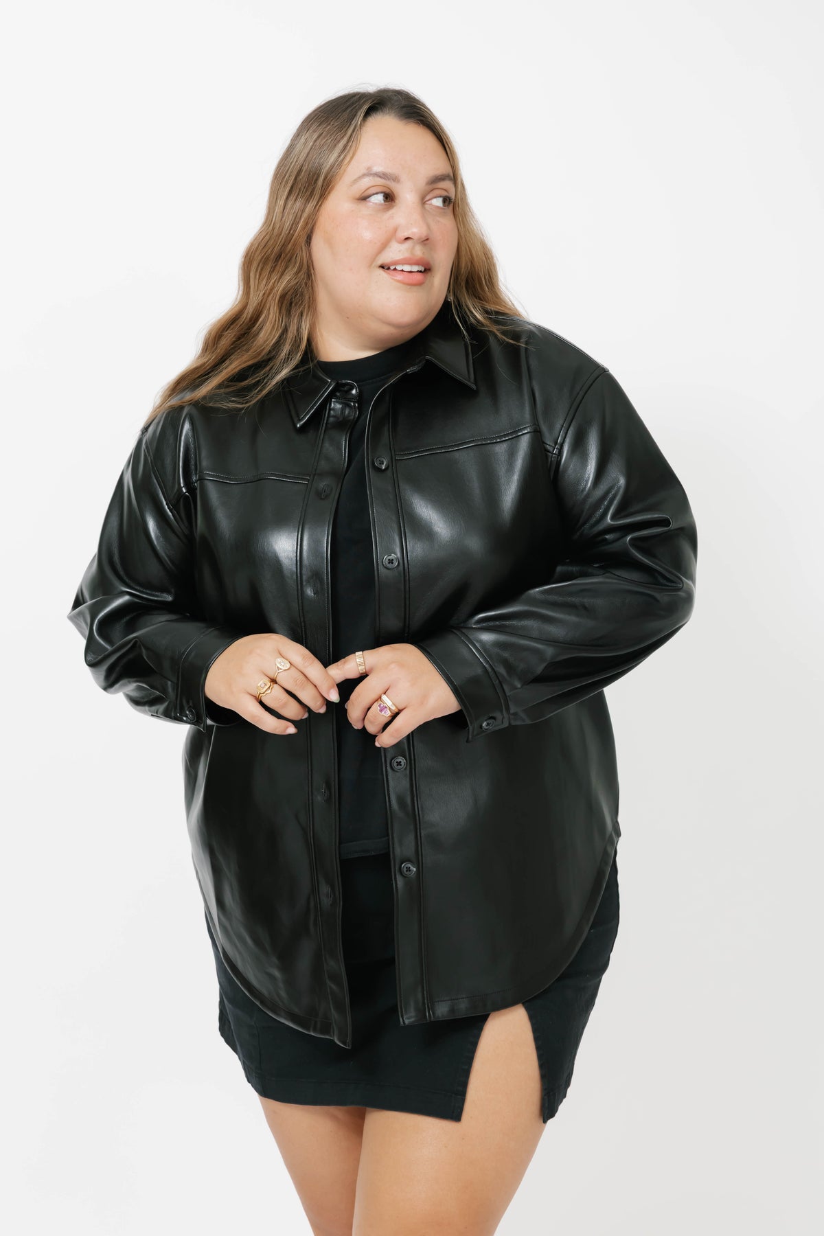 Alicia Faux Leather Shacket in Midnight Black