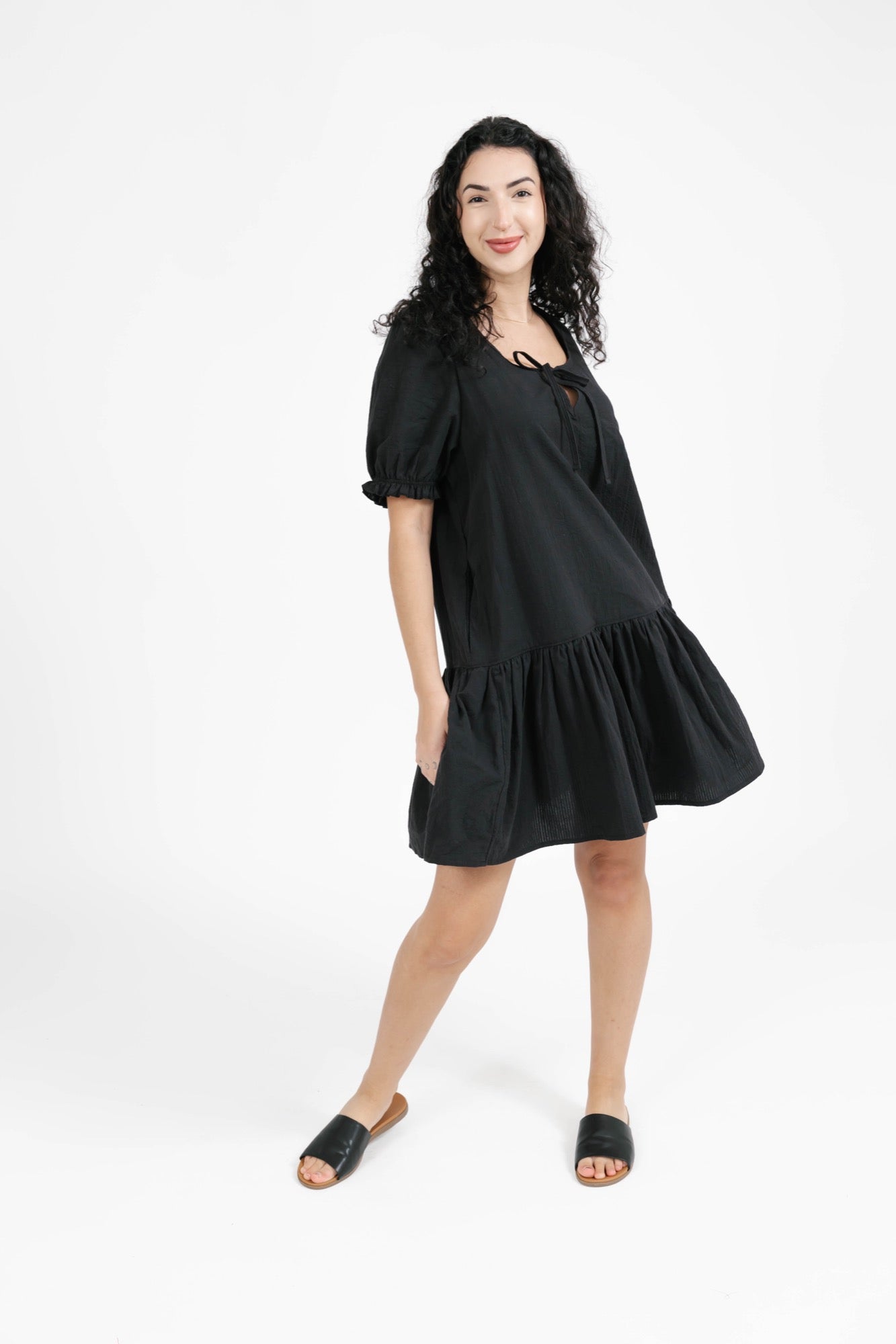 Amber Puff Sleeve Mini Dress in Midnight Black
