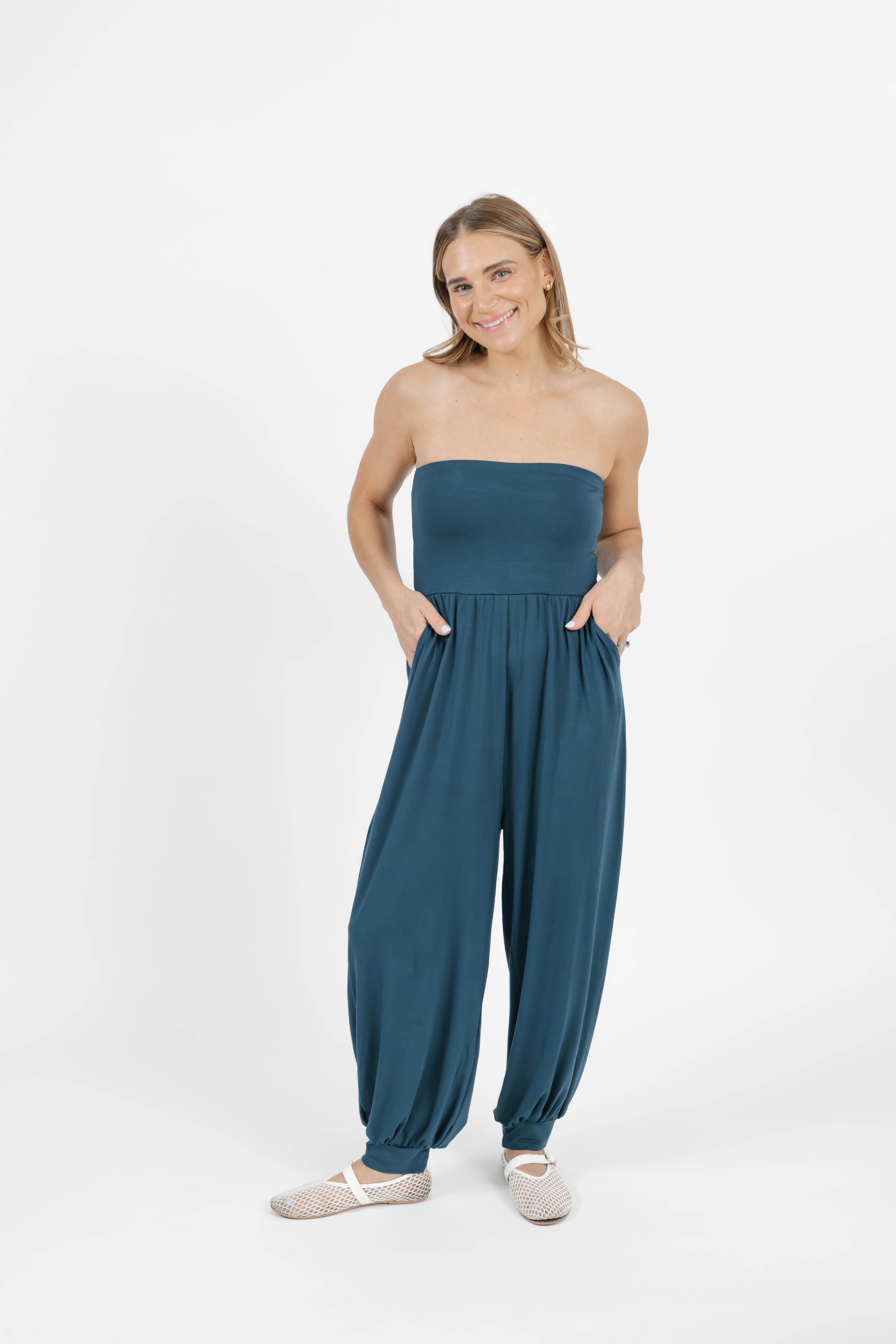 Anabelle Cuffed Romper in Sapphire Blue