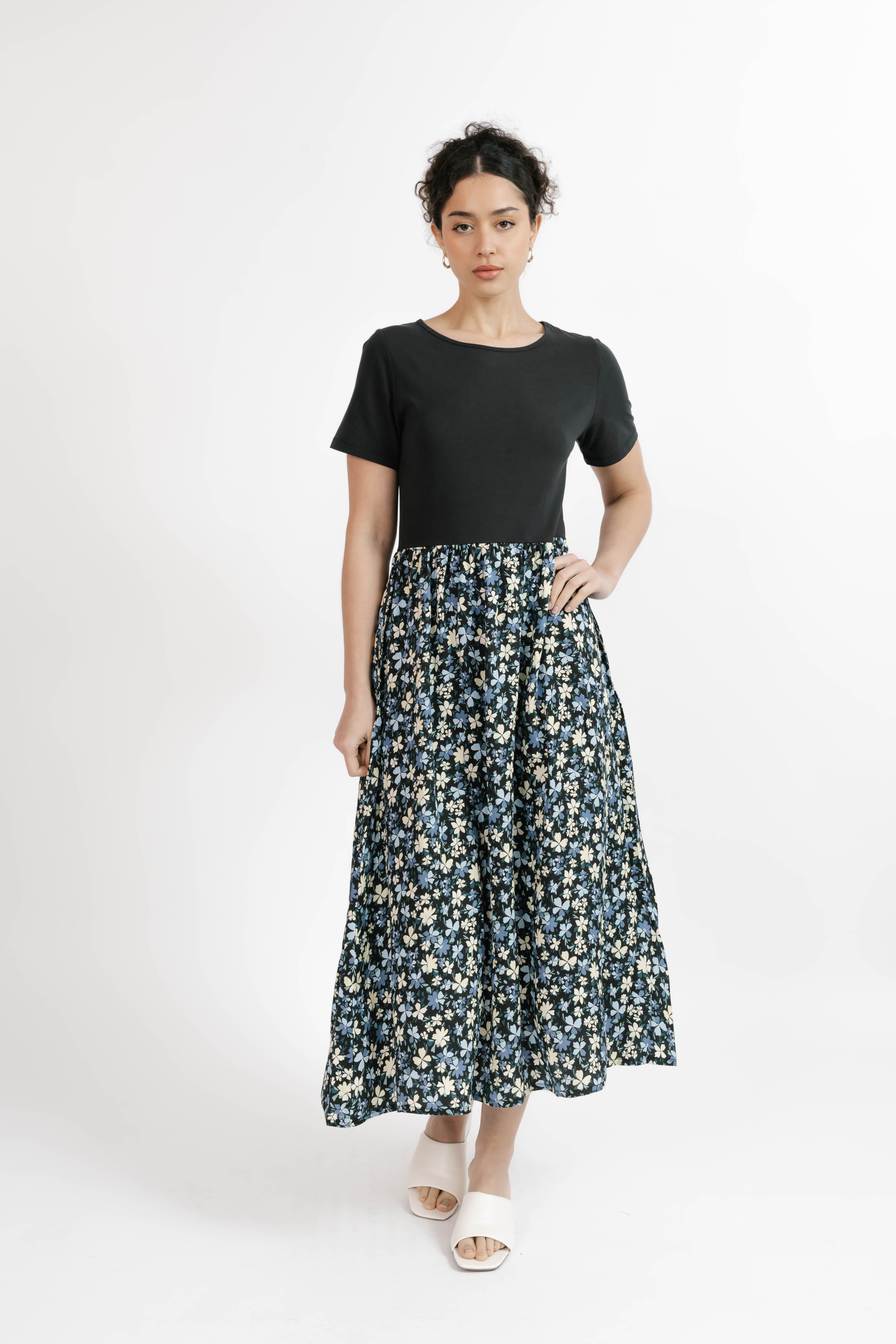 Andi Midi Dress in Black/Floral