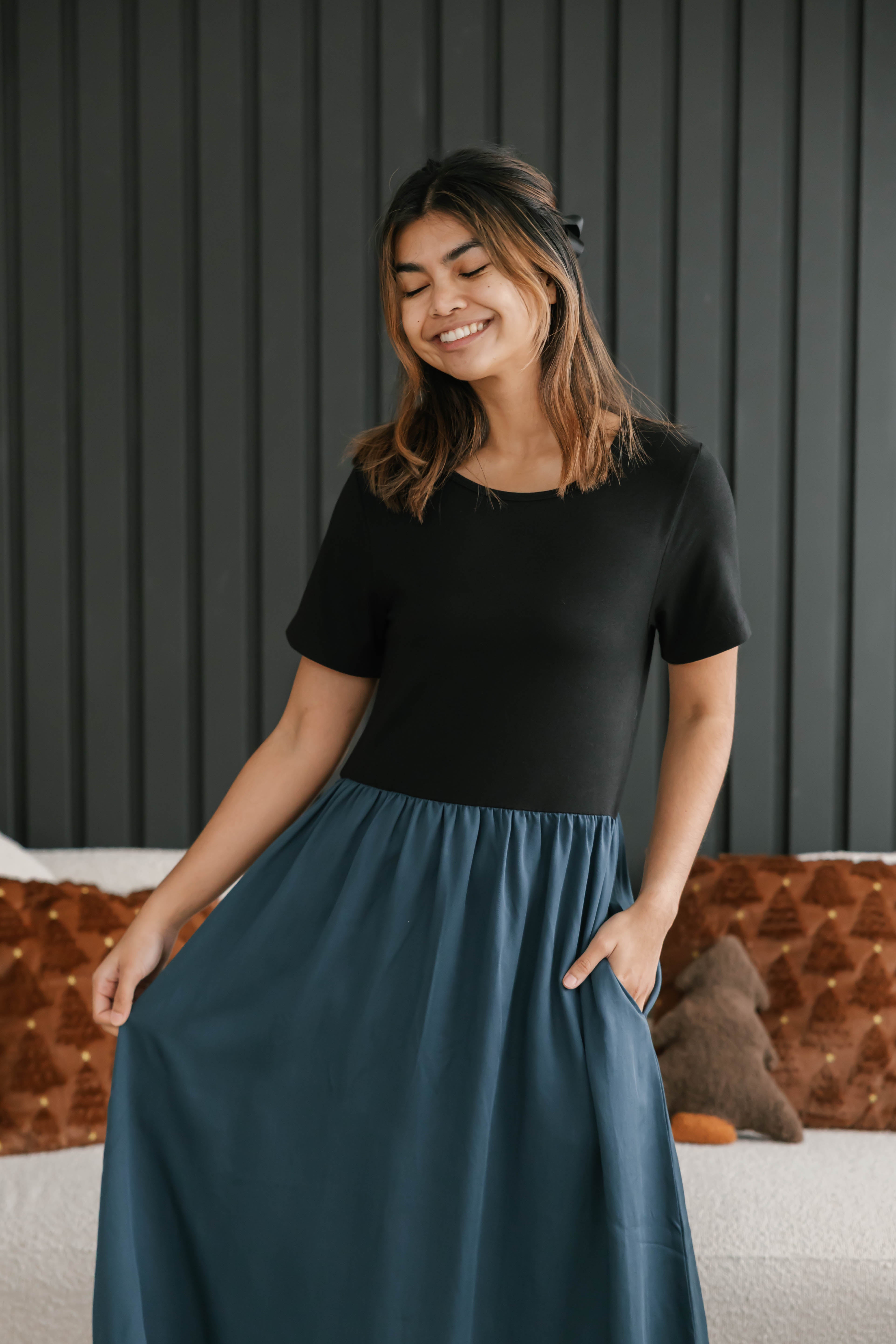 Andi Midi Dress in Midnight Black/Lagoon – Smash + Tess