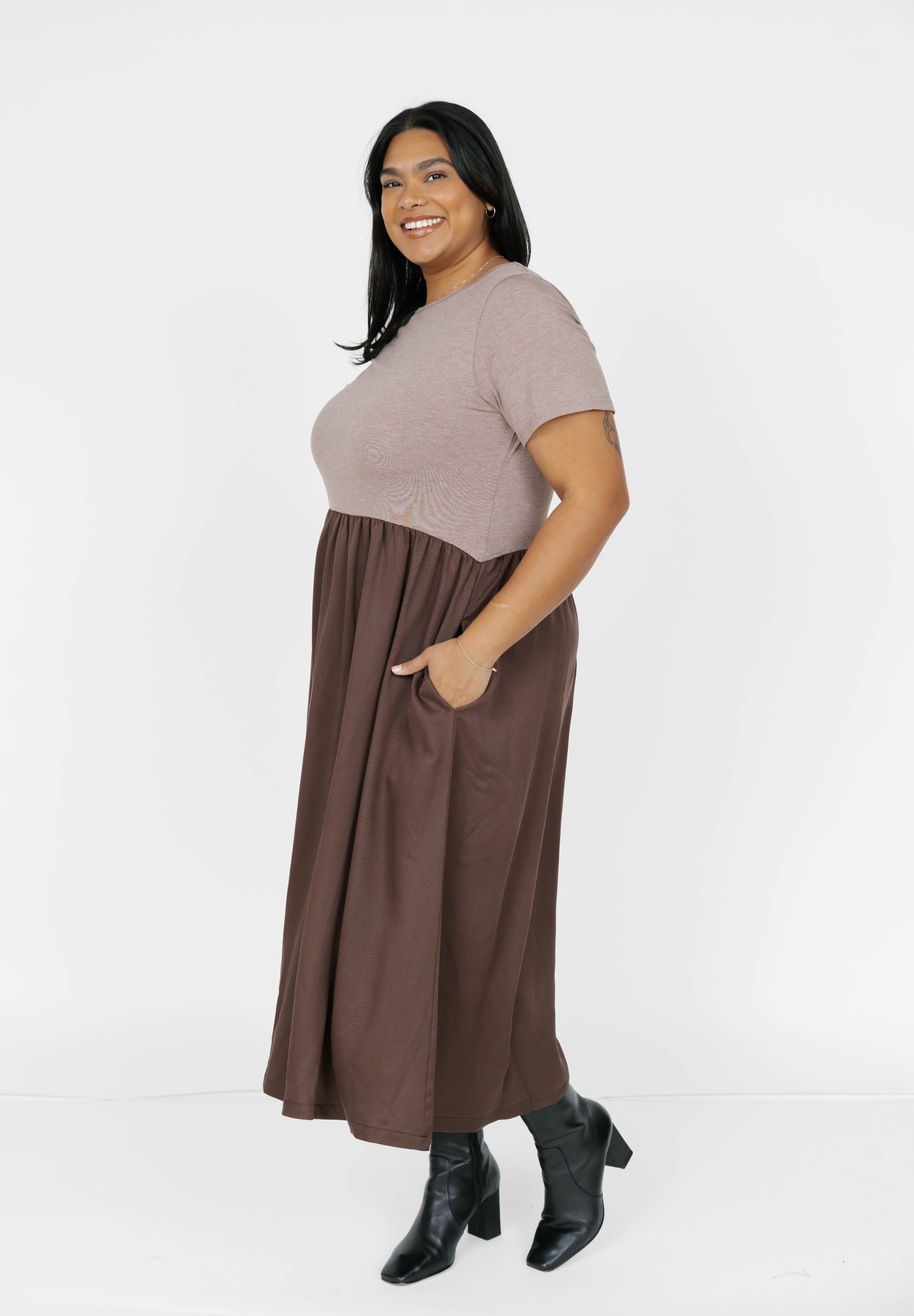 Andi Midi Dress in Mocha Brown/Espresso Smash + Tess Andi Midi Dress in Mocha Brown/Espresso Smash + Tess