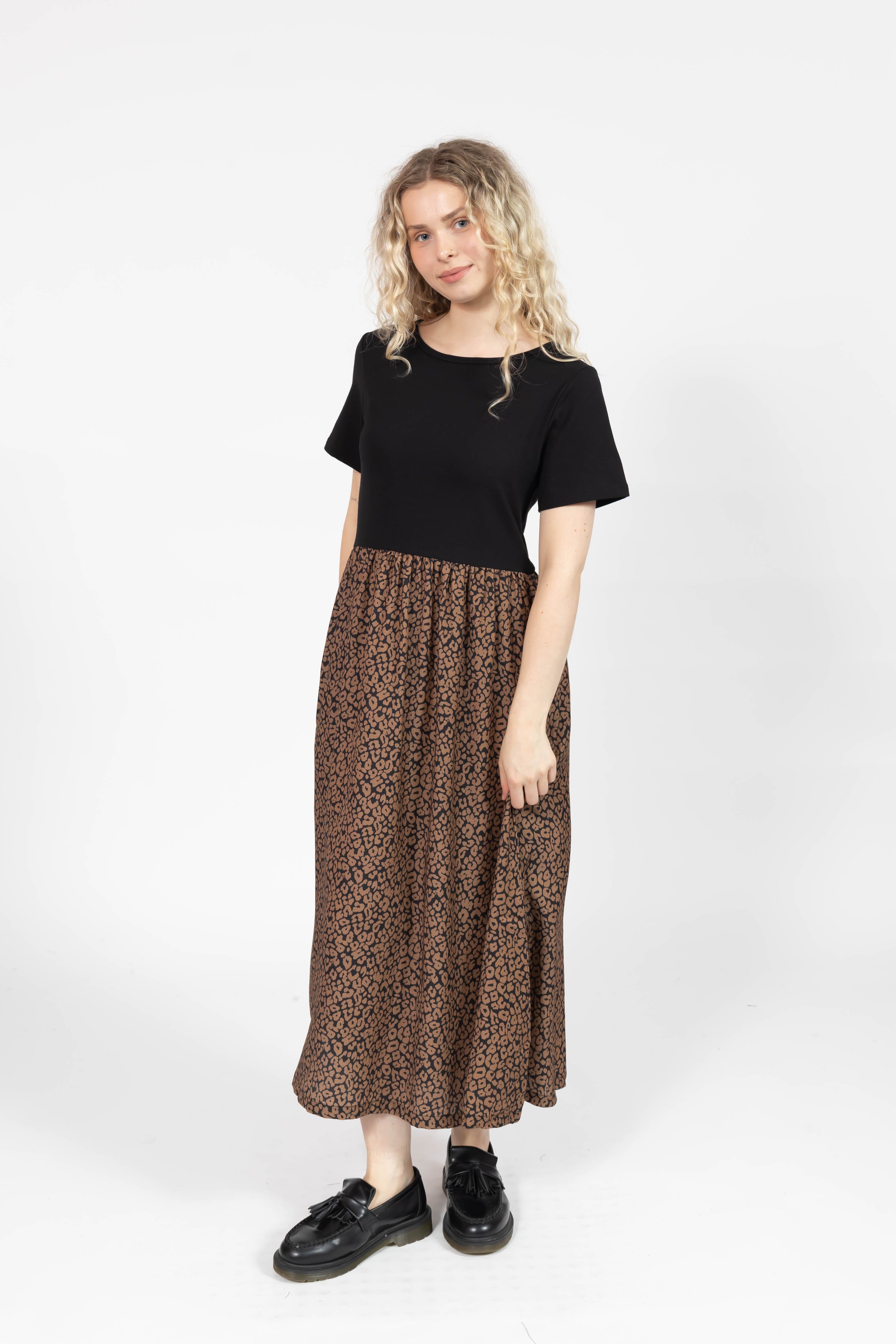 Andi Midi Dress in Midnight Black/Leopard