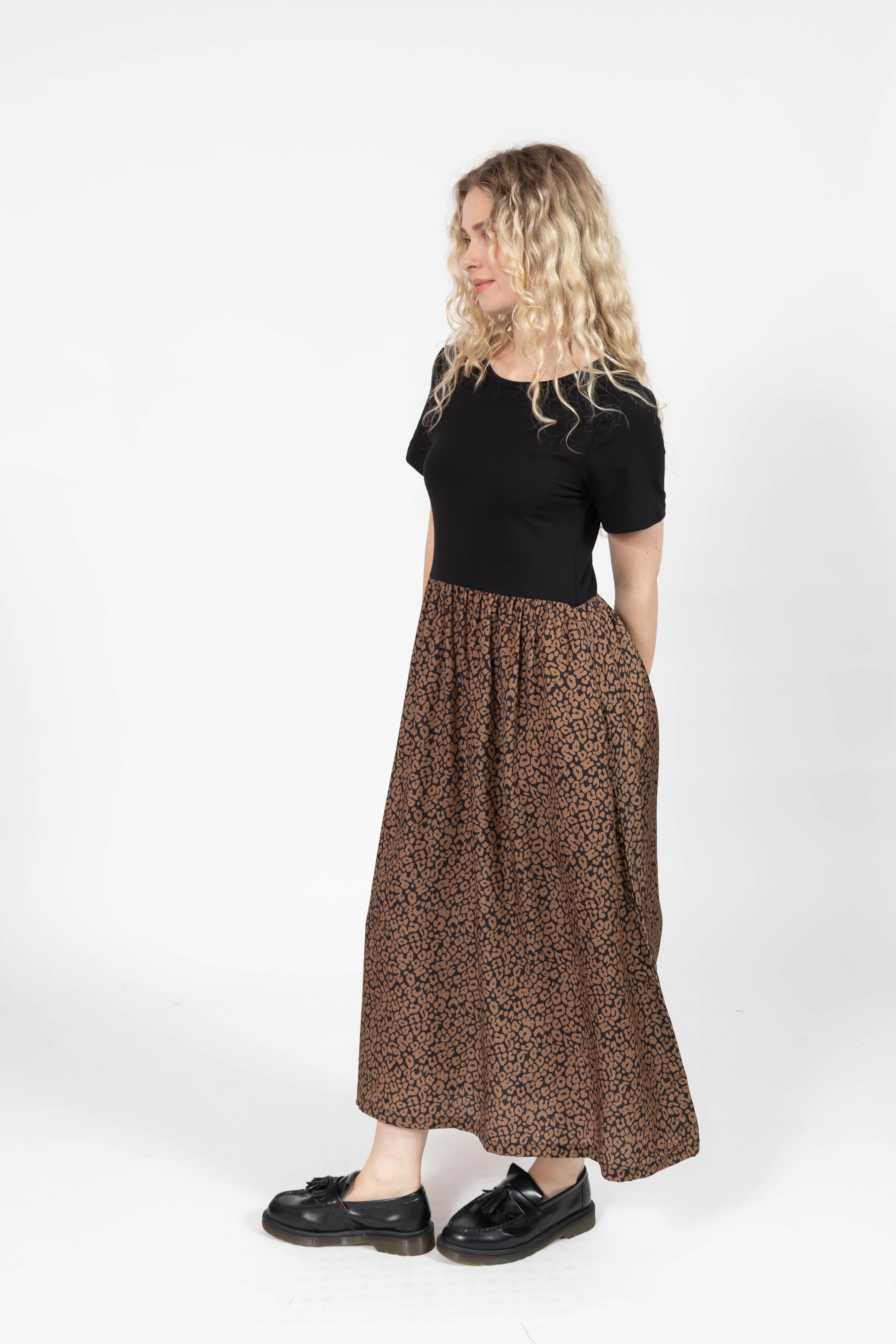 Andi Midi Dress in Midnight Black/Leopard