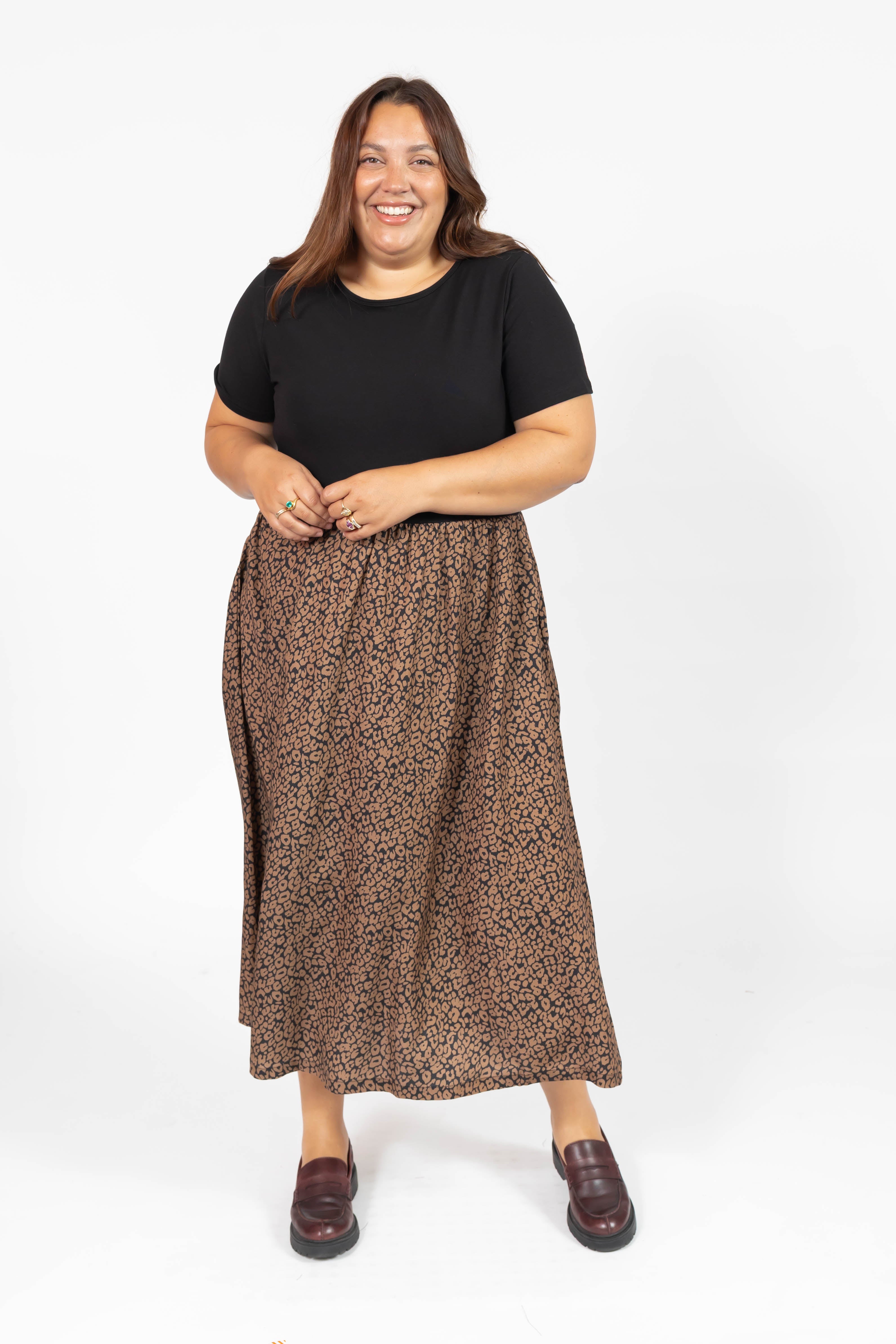 Andi Midi Dress in Midnight Black/Leopard