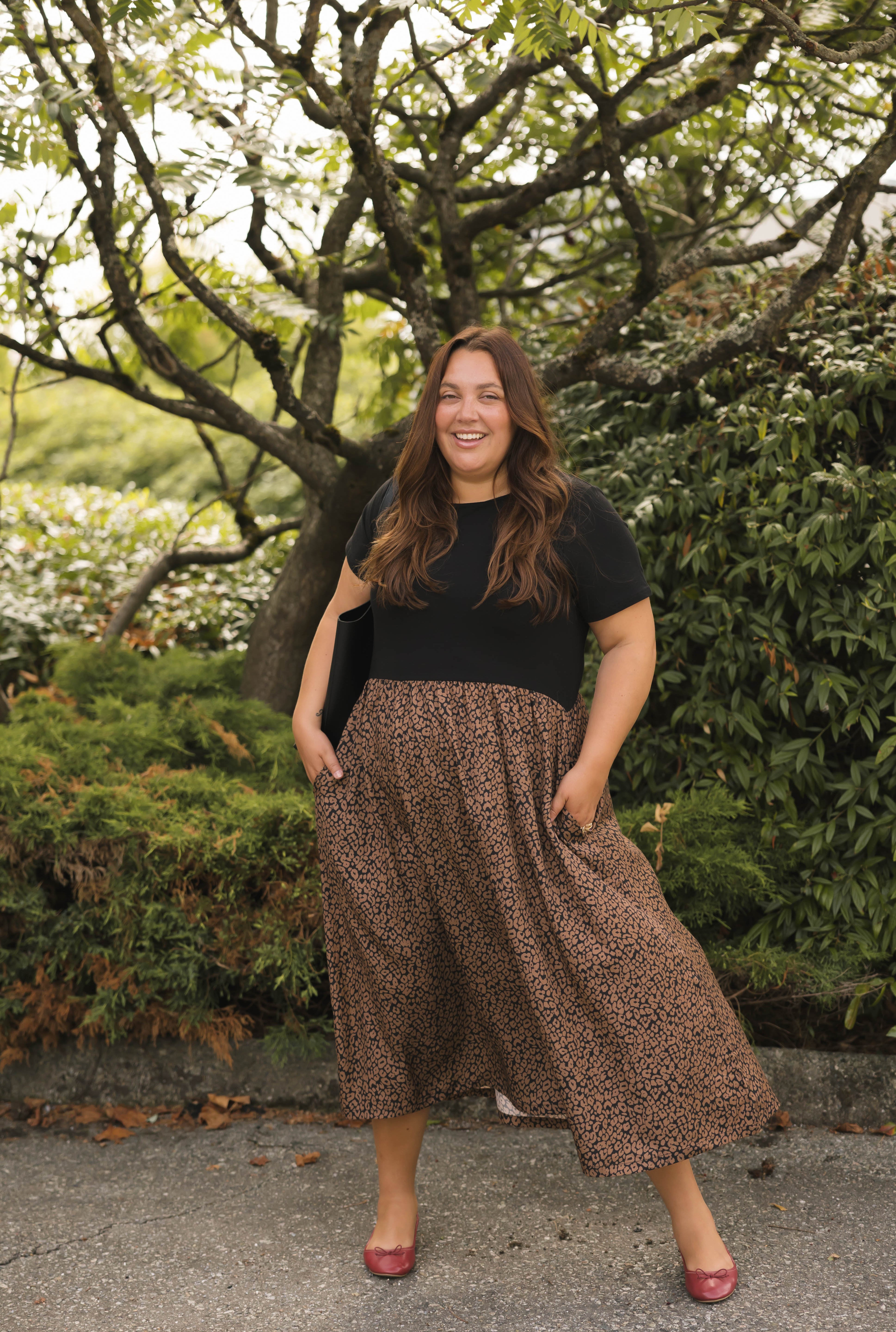 Andi Midi Dress in Midnight Black/Leopard