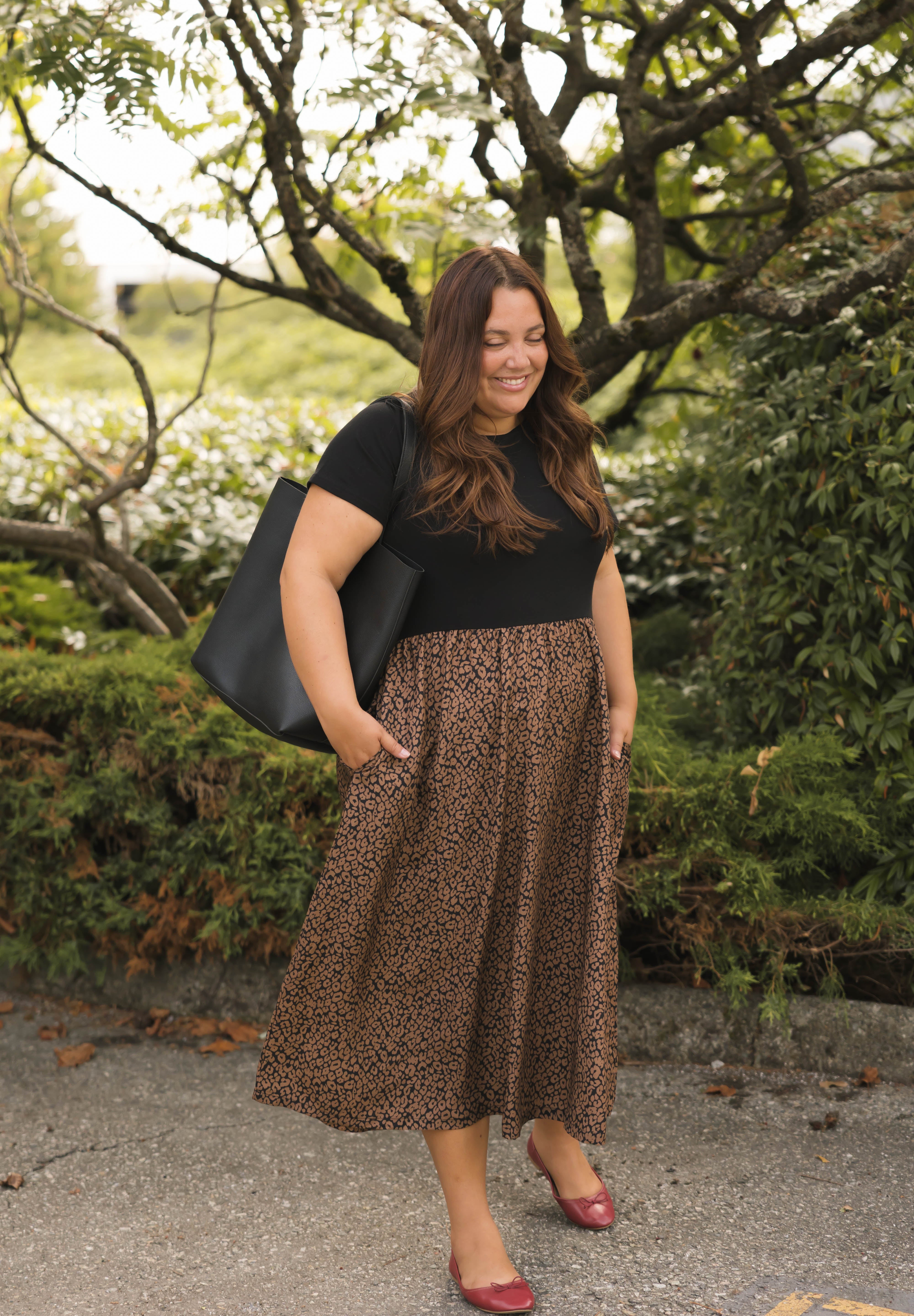 Andi Midi Dress in Midnight Black/Leopard