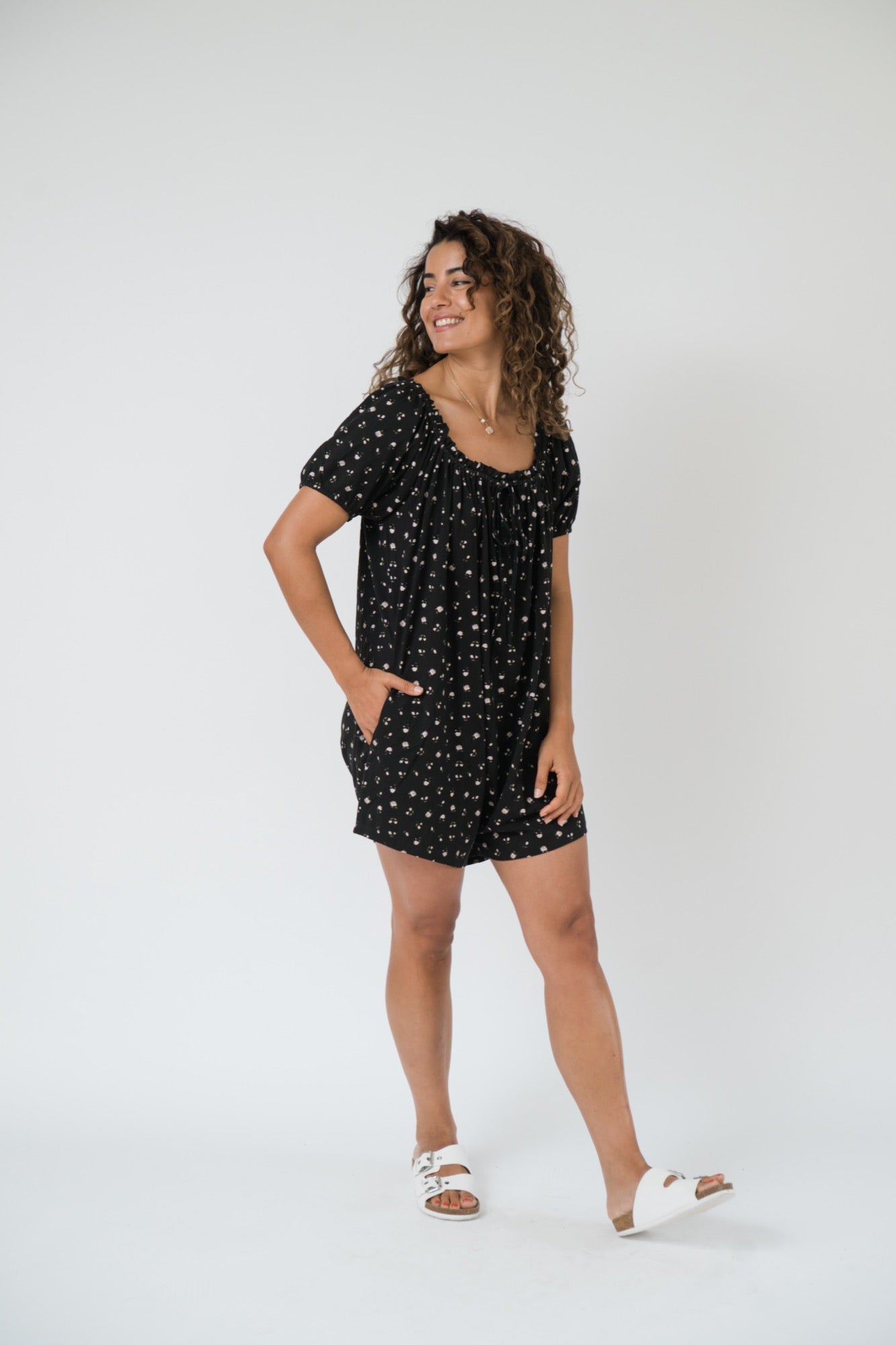 Babydoll Romper in Black Floral