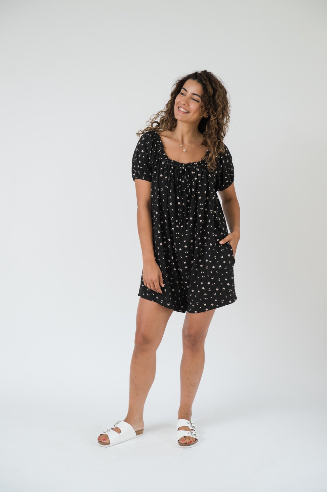 Babydoll Romper in Black Floral