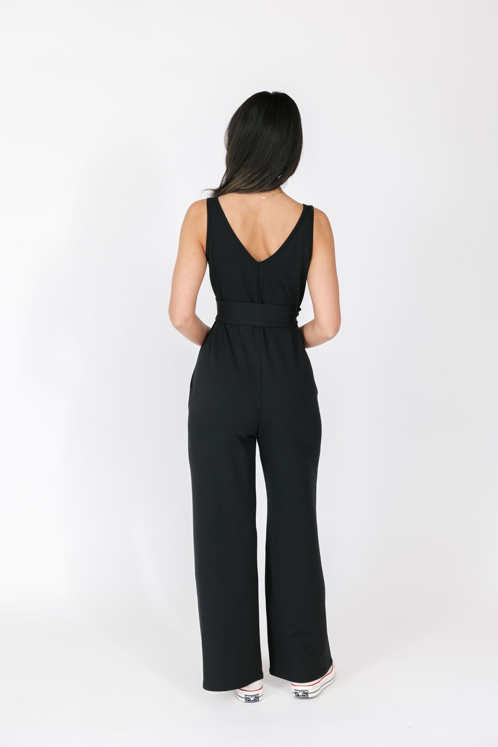 Belted Tuesday Wide Leg Romper in Midnight Black