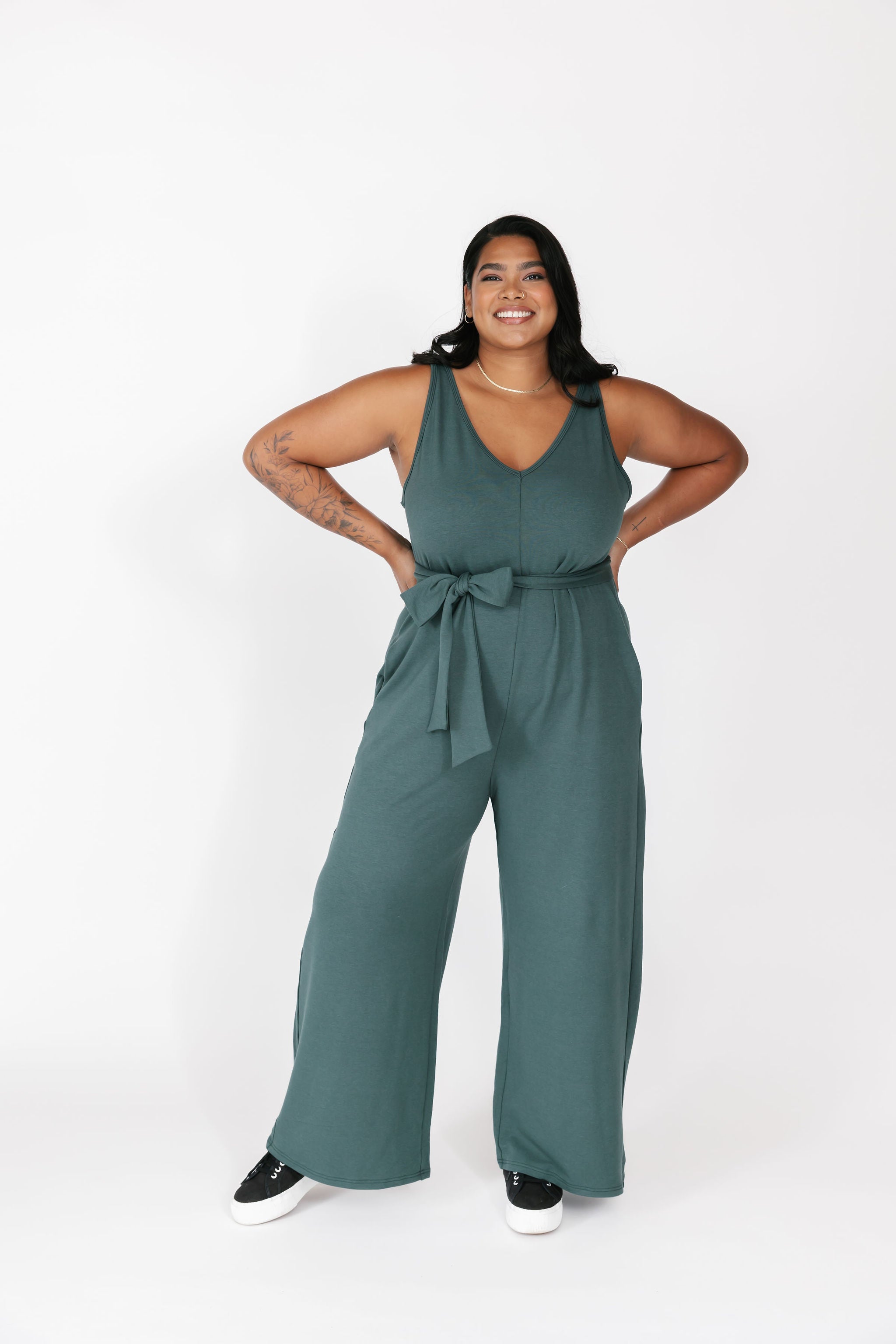 Belted Tuesday Wide Leg Romper (Terry) in Spruce