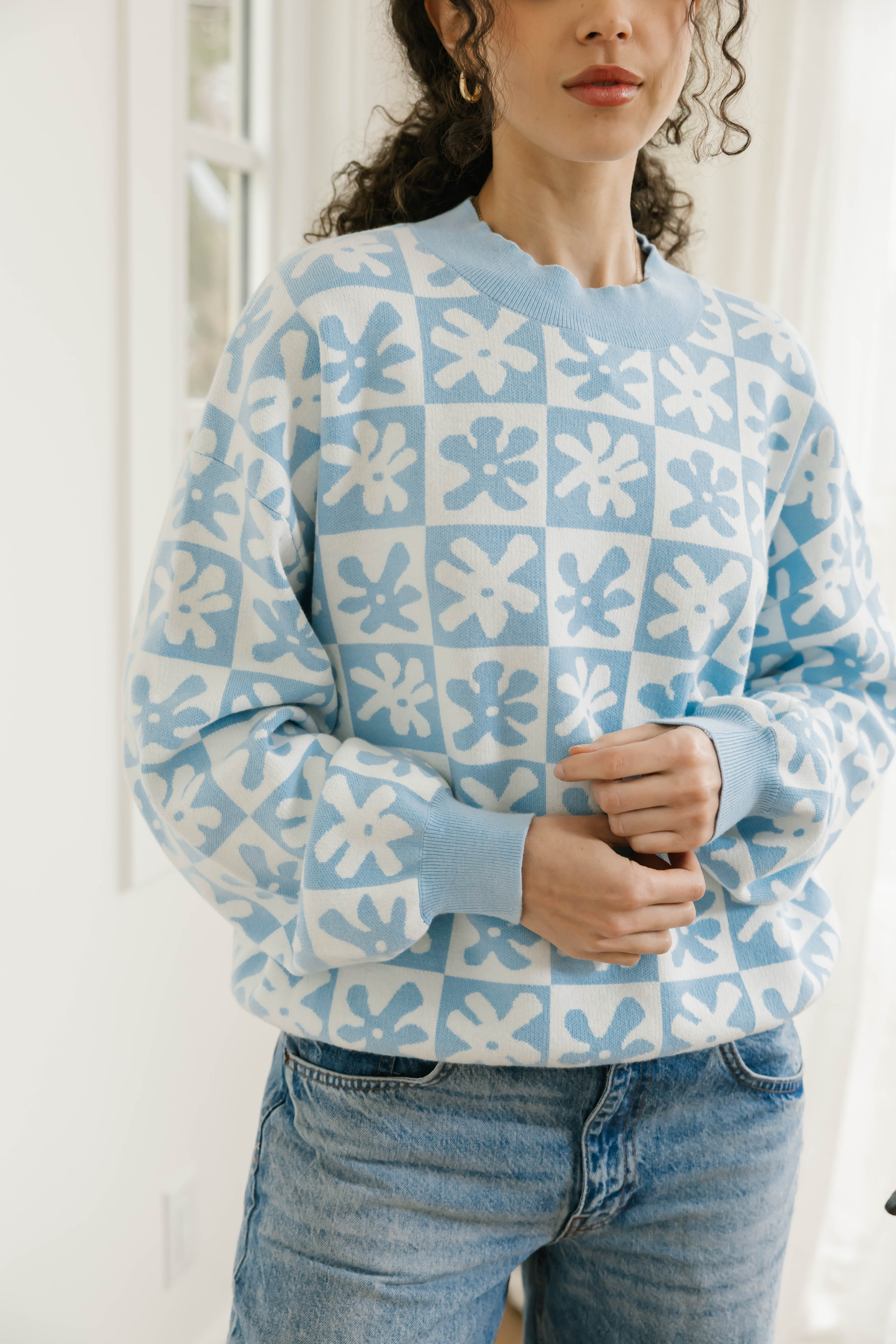 Floral Checkered Sweater in Blue/Cream