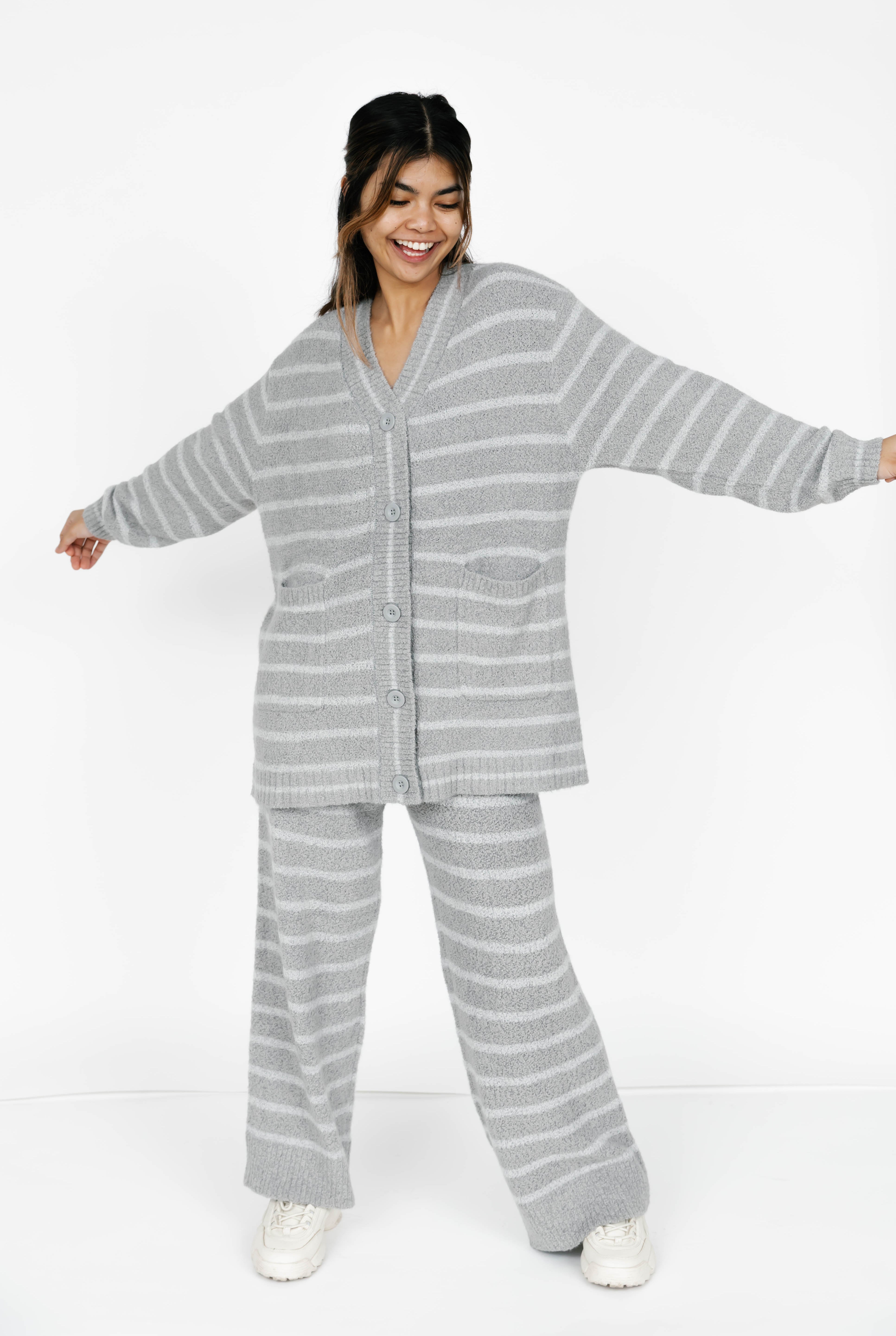 Bonnie Boucle Cardigan in Grey Stripe