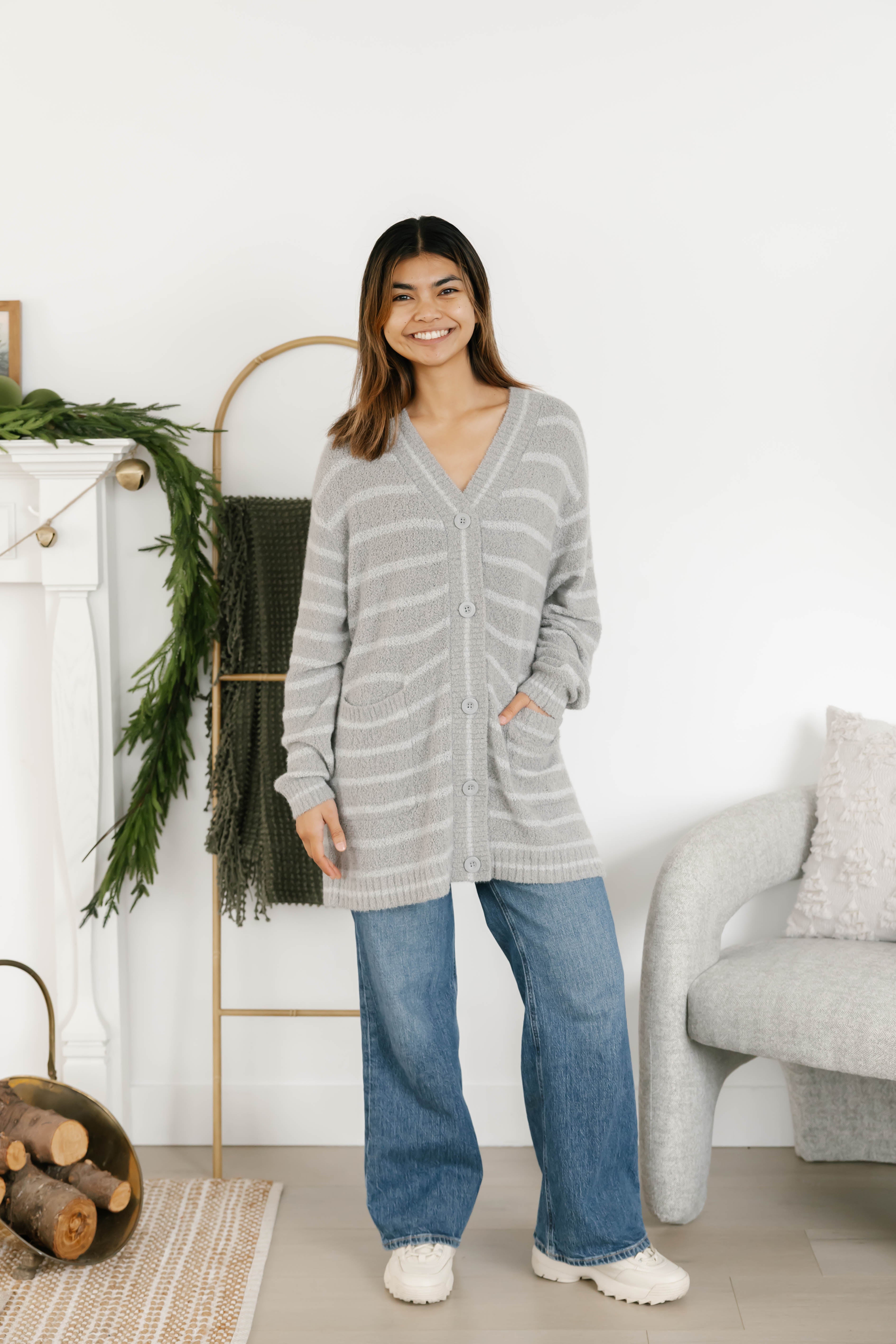 Bonnie Boucle Cardigan in Grey Stripe
