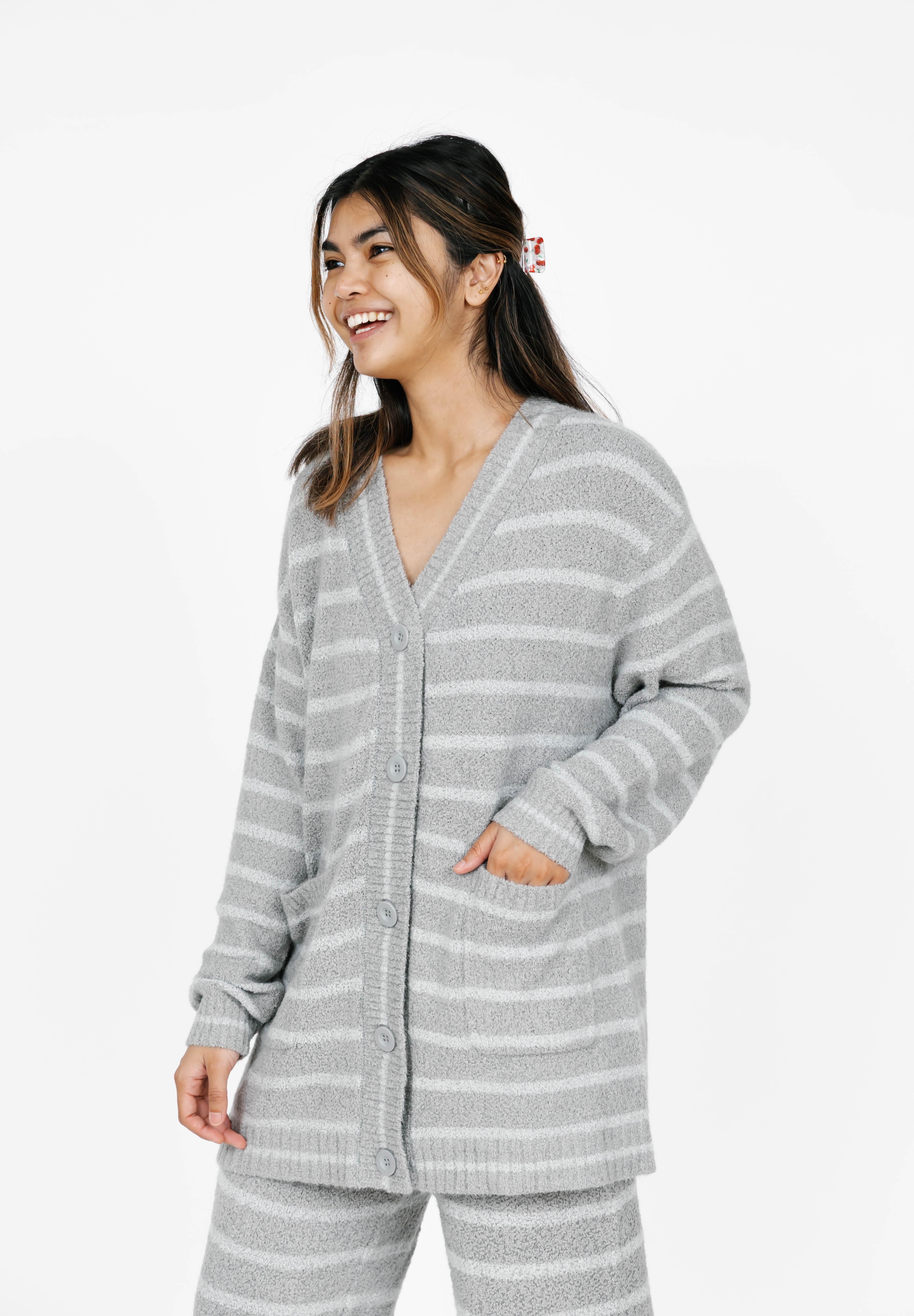 Bonnie Boucle Cardigan in Grey Stripe