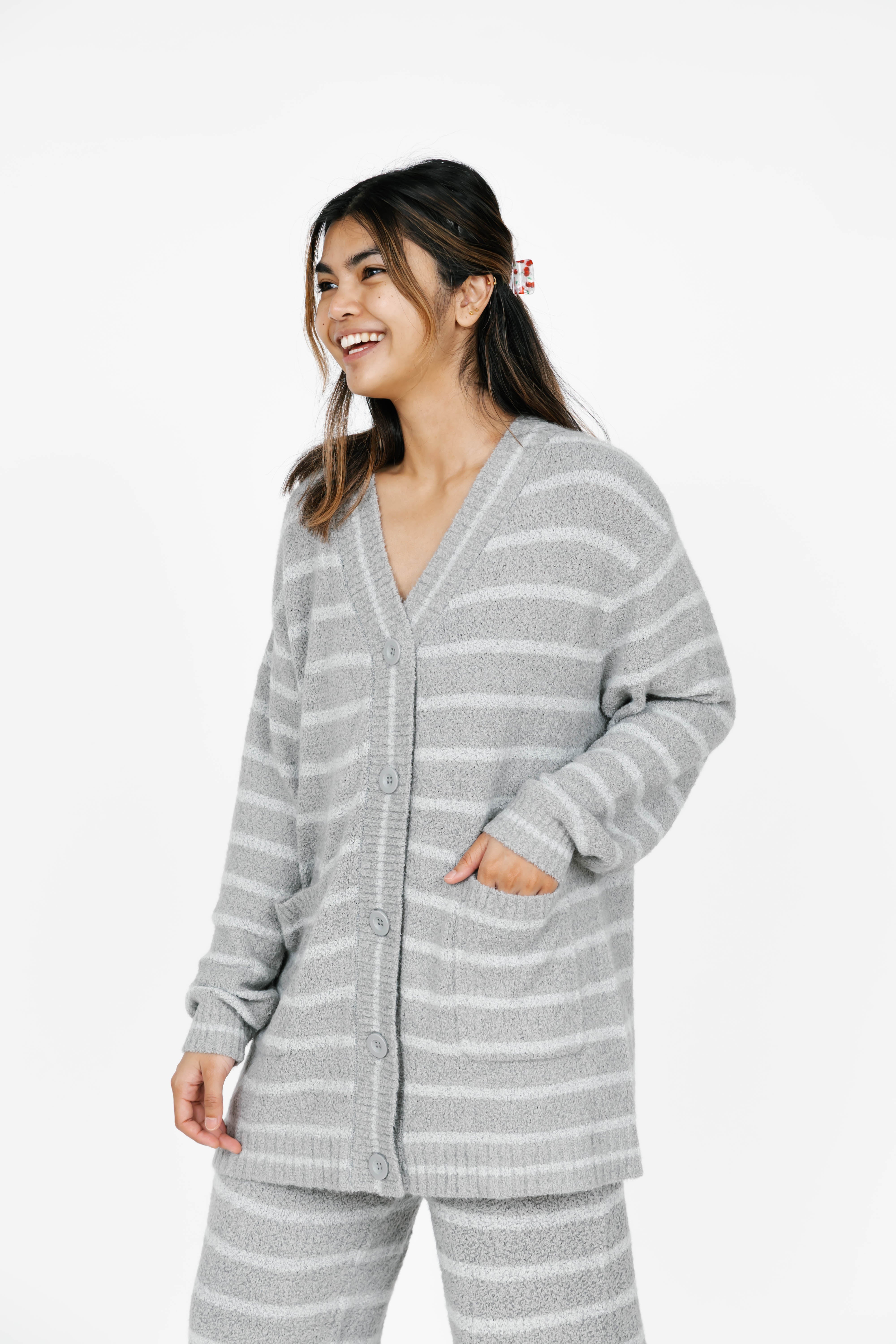 Bonnie Boucle Cardigan in Grey Stripe