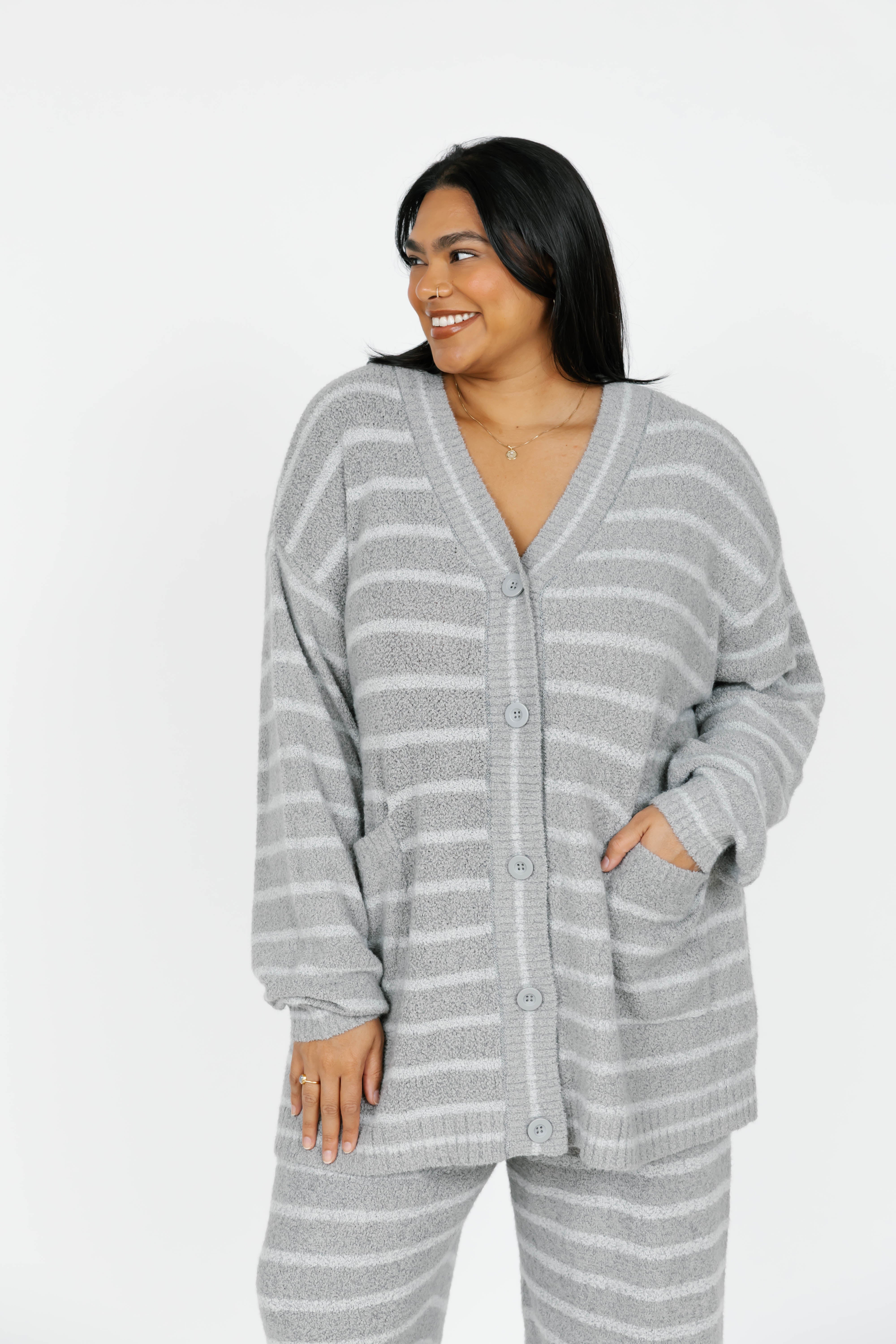 Bonnie Boucle Cardigan in Grey Stripe