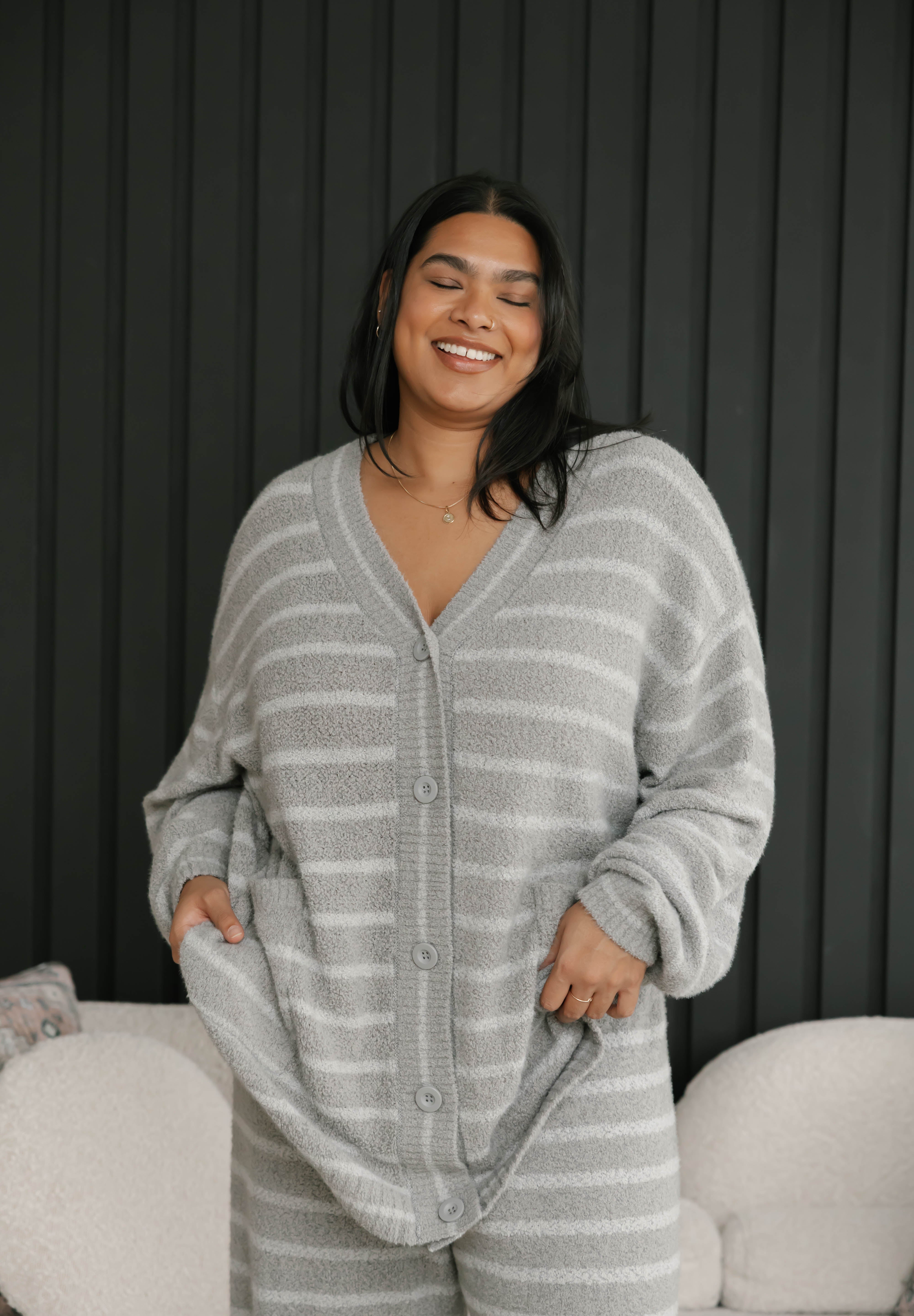 Bonnie Boucle Cardigan in Grey Stripe