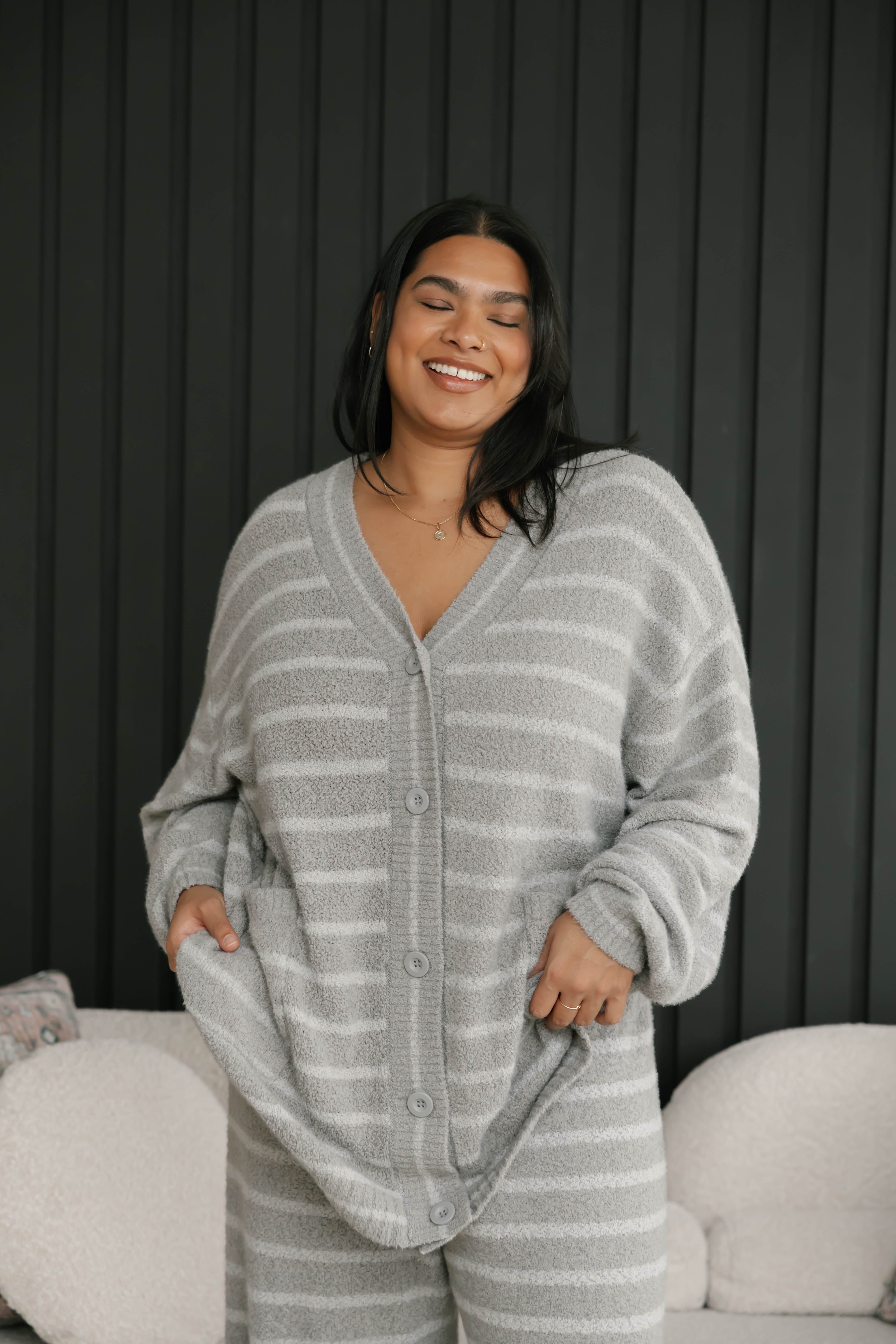 Bonnie Boucle Cardigan in Grey Stripe