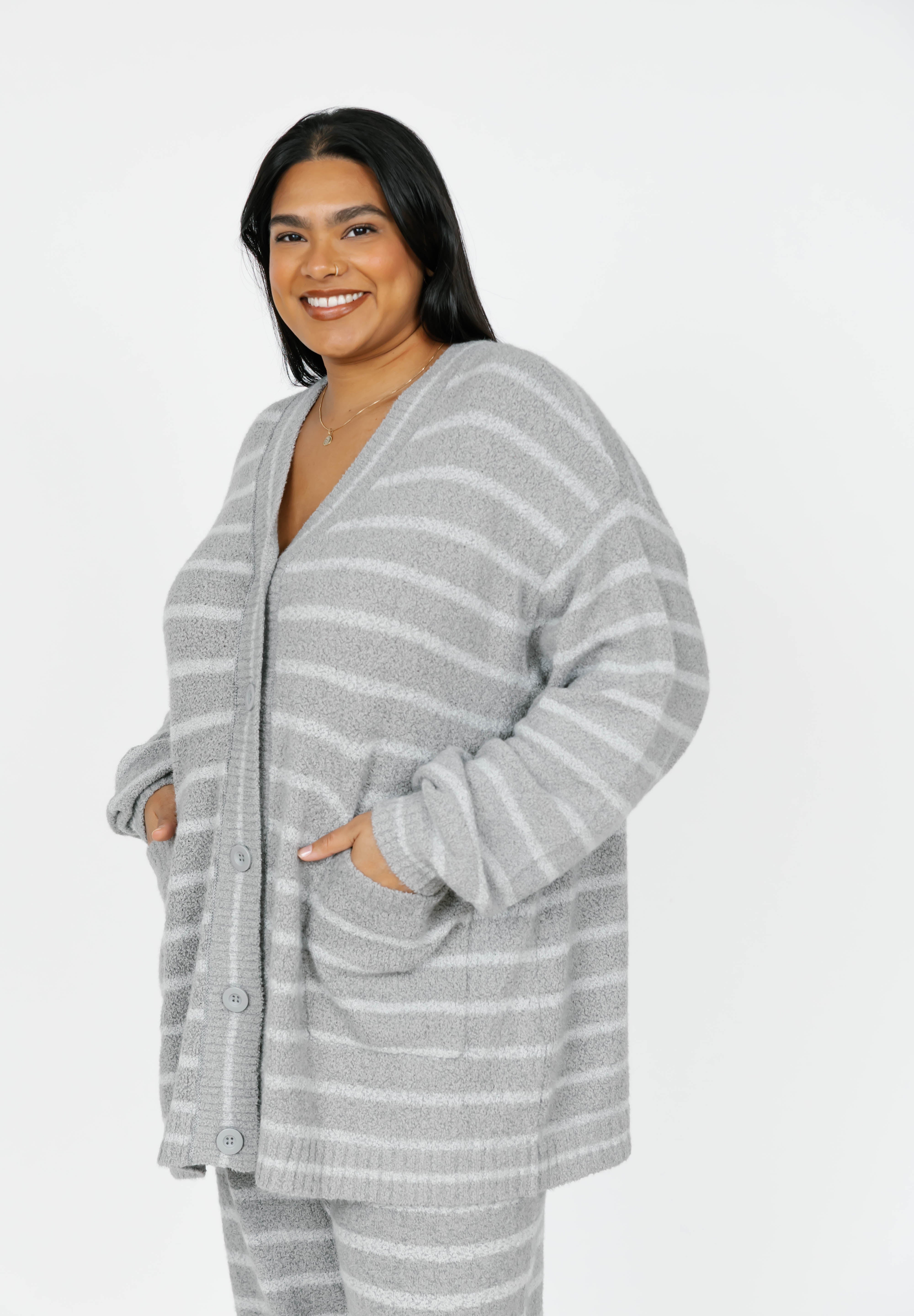 Bonnie Boucle Cardigan in Grey Stripe