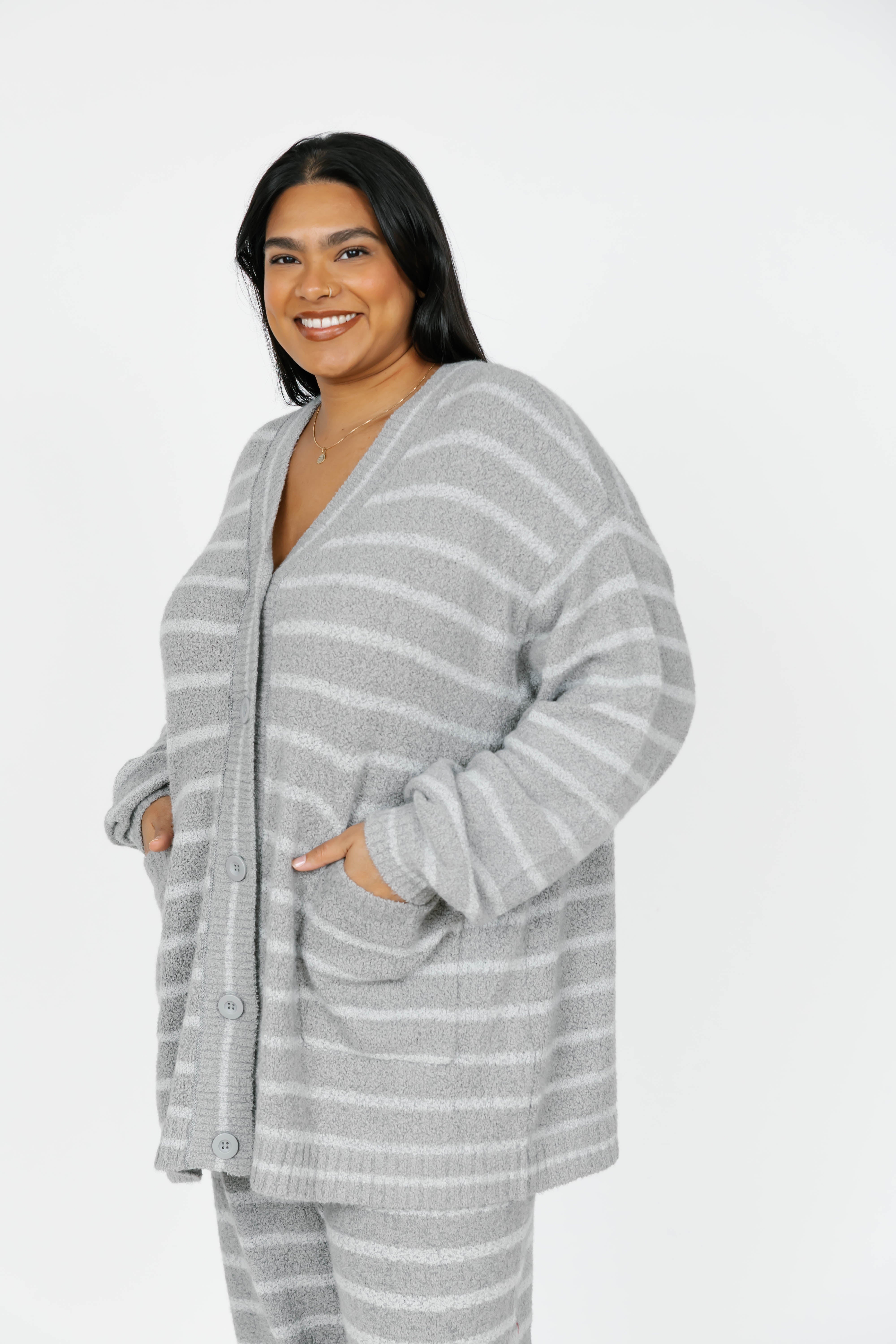 Bonnie Boucle Cardigan in Grey Stripe