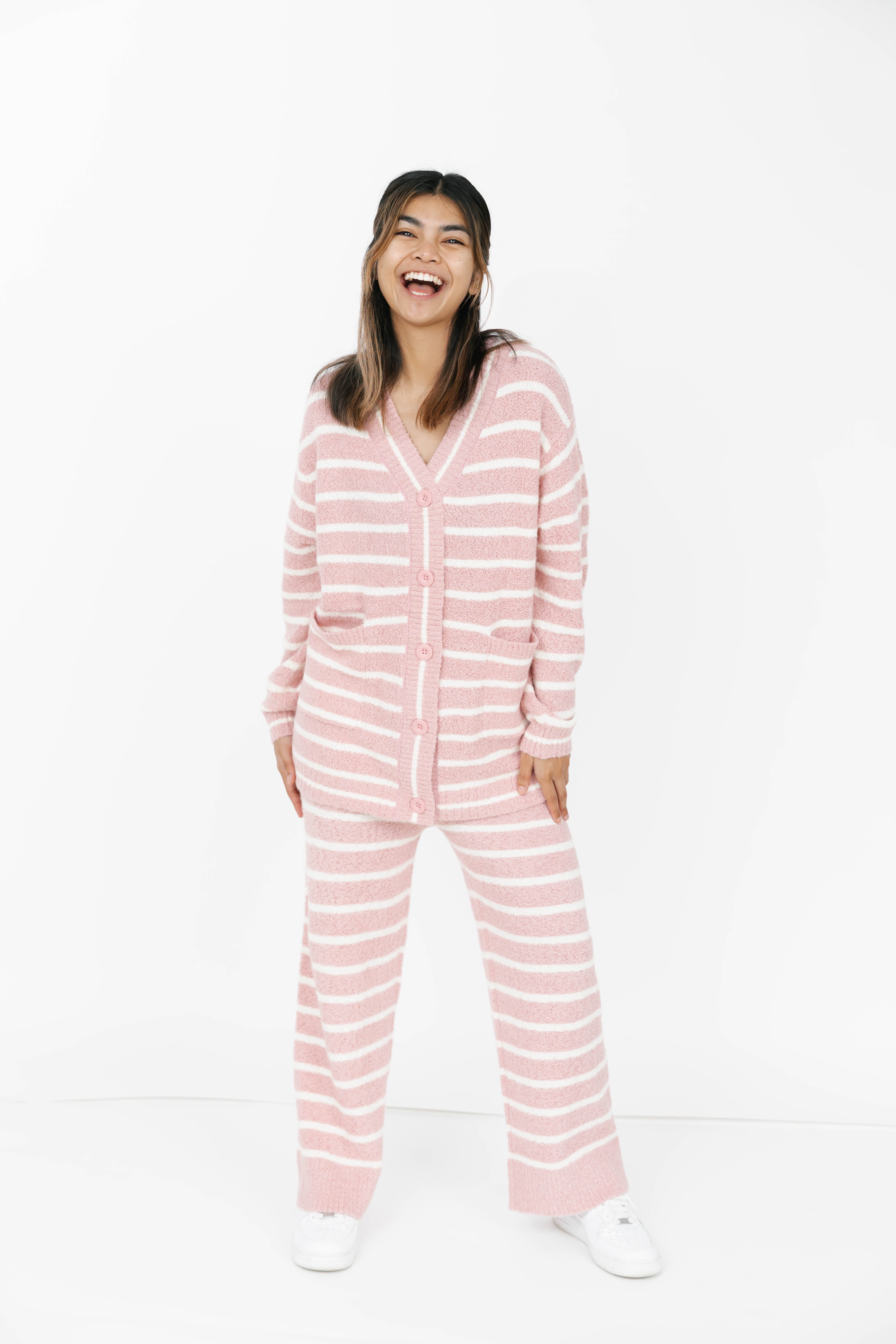 Bonnie Boucle Cardigan in Pink/Cream Stripe