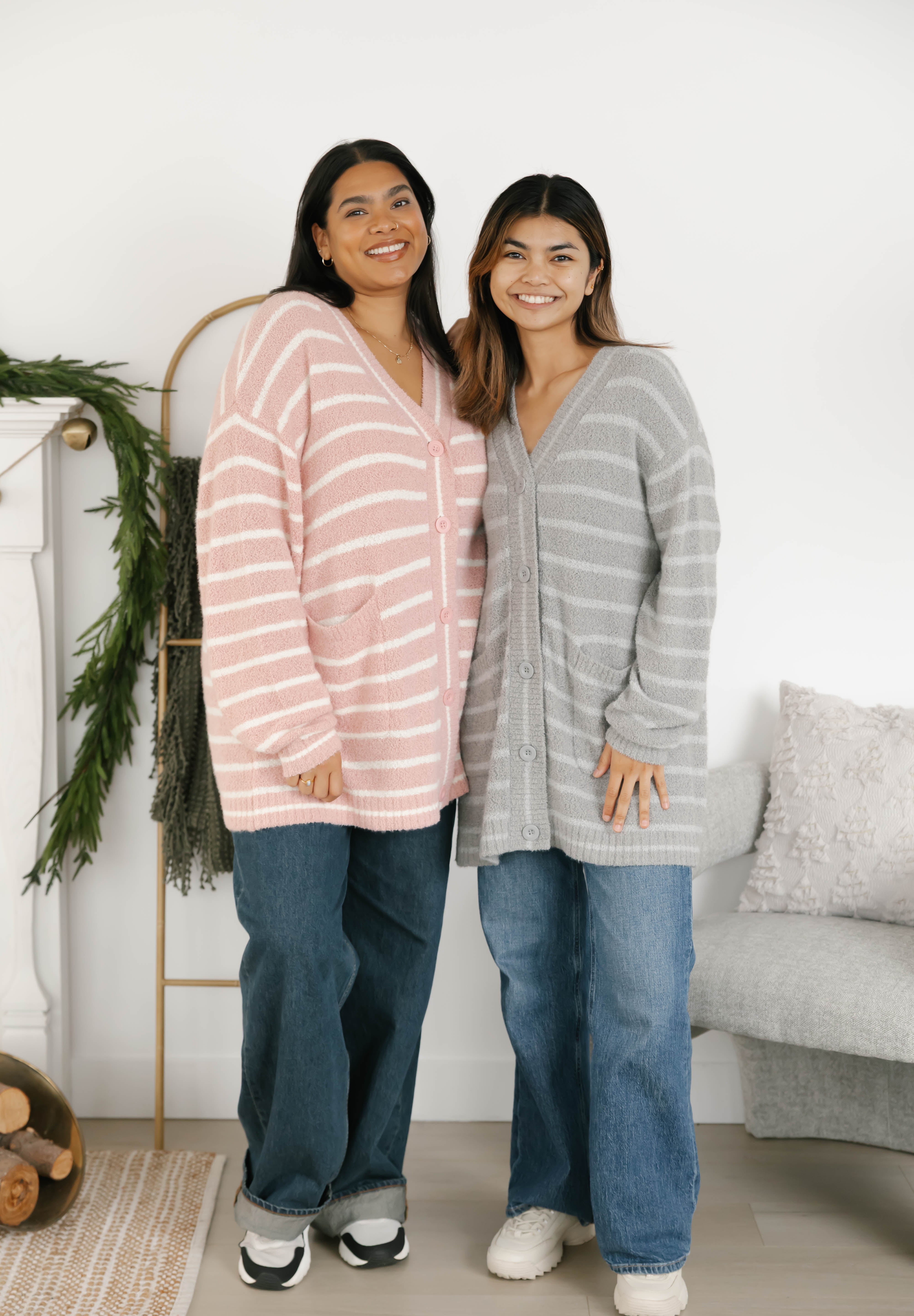 Bonnie Boucle Cardigan in Pink/Cream Stripe
